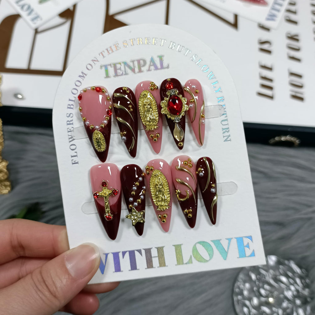 TENPAL Handmade Press On Nails Long Stiletto – Nude Pink Wine Cross Design | Chapelcore Y2K Nails