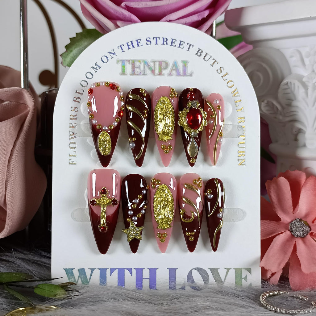 TENPAL Handmade Press-On Nails Long Stiletto – Nude Pink Wine Cross Design with 3D Charm