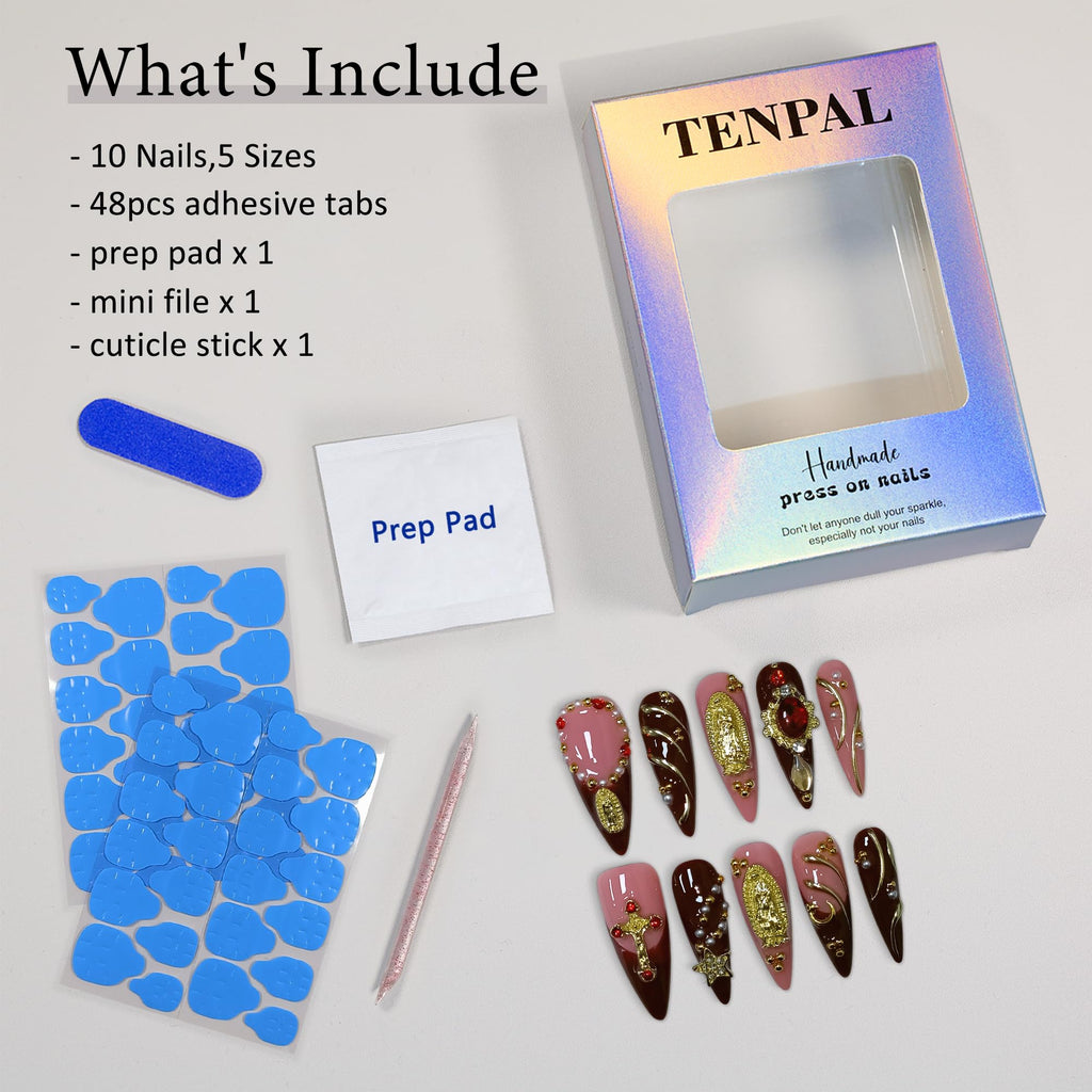TENPAL Handmade Press-On Nails Long Stiletto – Nude Pink Wine Cross Design with 3D Charm