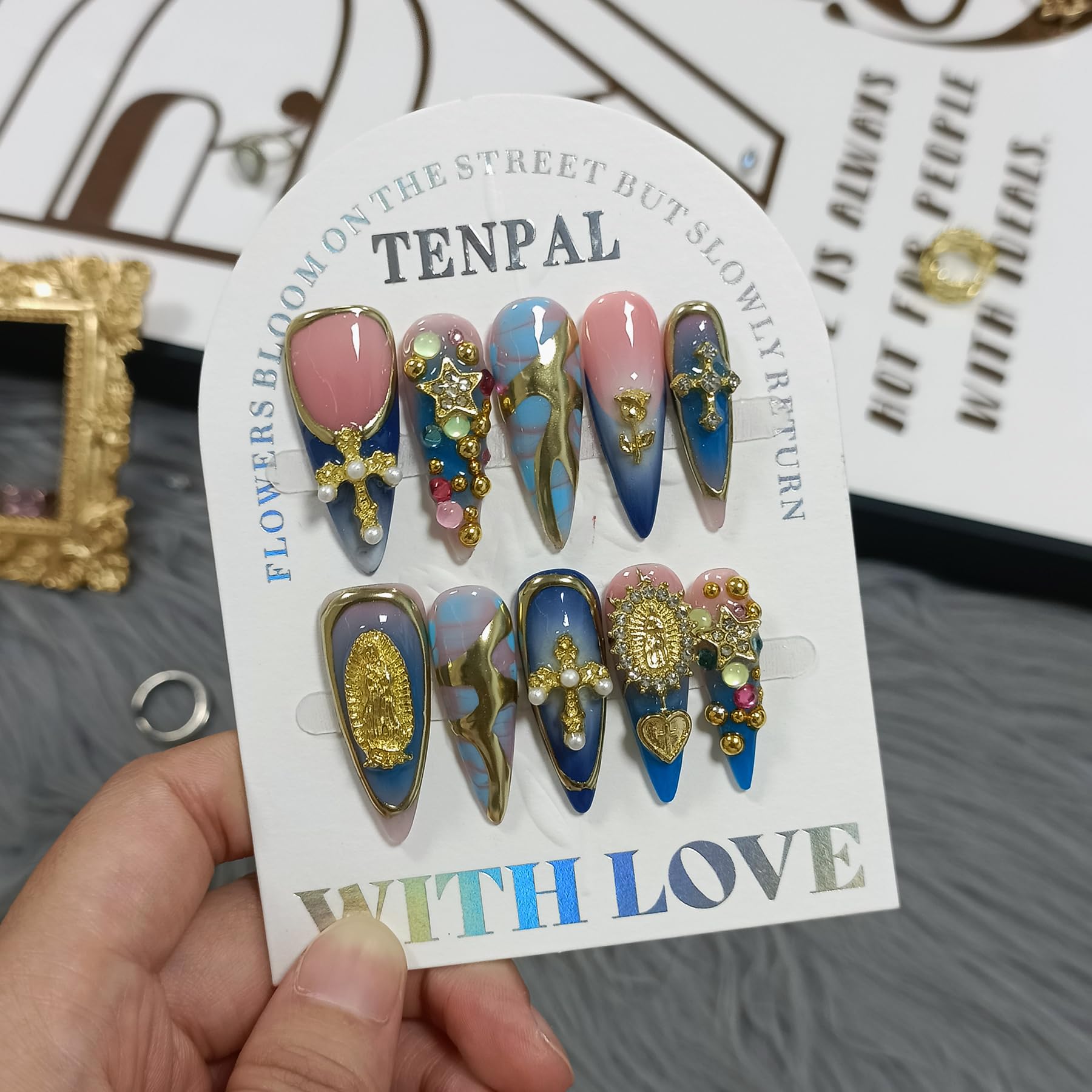 TENPAL 10Pcs Handmade Gothic Press On Nails – Purple-Blue Snake Ombre Long Stiletto with 3D Cross & Celestial Charms | Salon Acrylic Nails