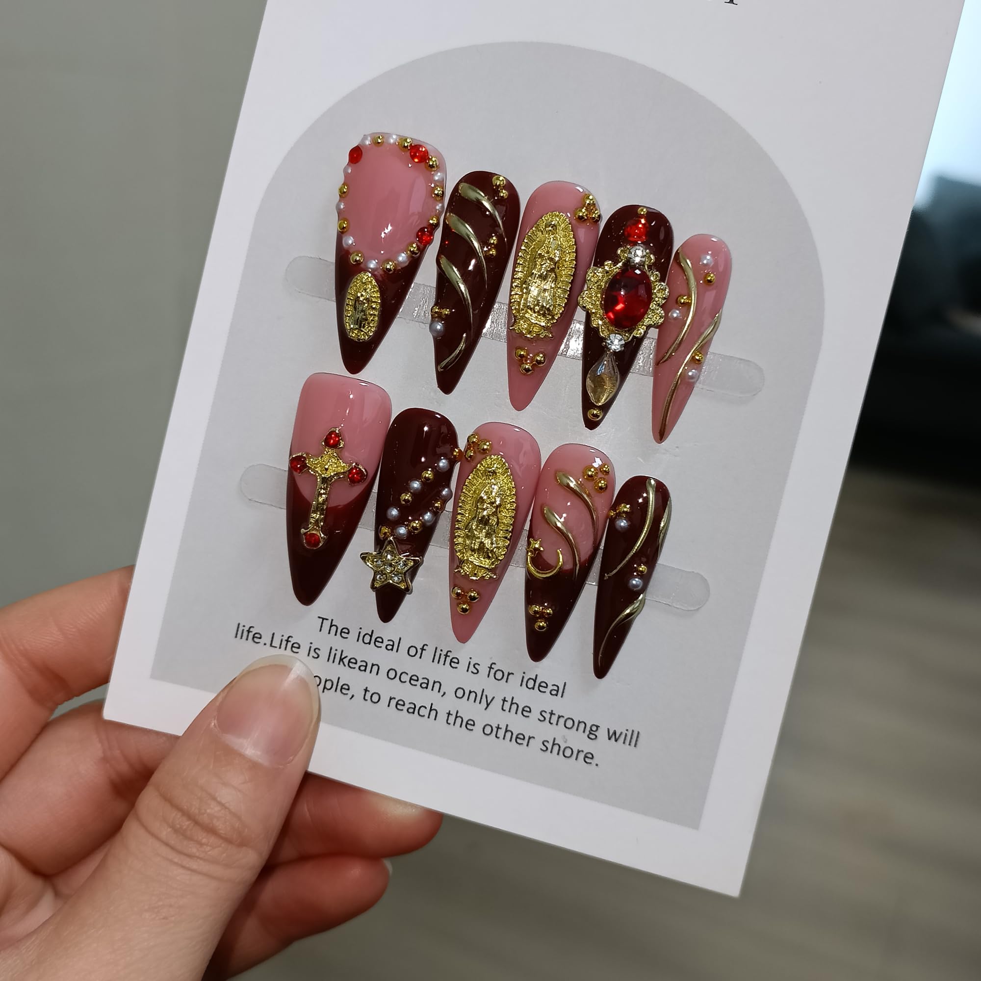 TENPAL Handmade Press On Nails Long Stiletto – Nude Pink Wine Cross Design | Chapelcore Y2K Nails