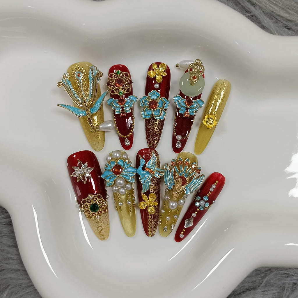 TENPAL 10Pcs Heirloom Bridal Press-On Nails – Red Gold Phoenix Dragon Designs, Long Stiletto