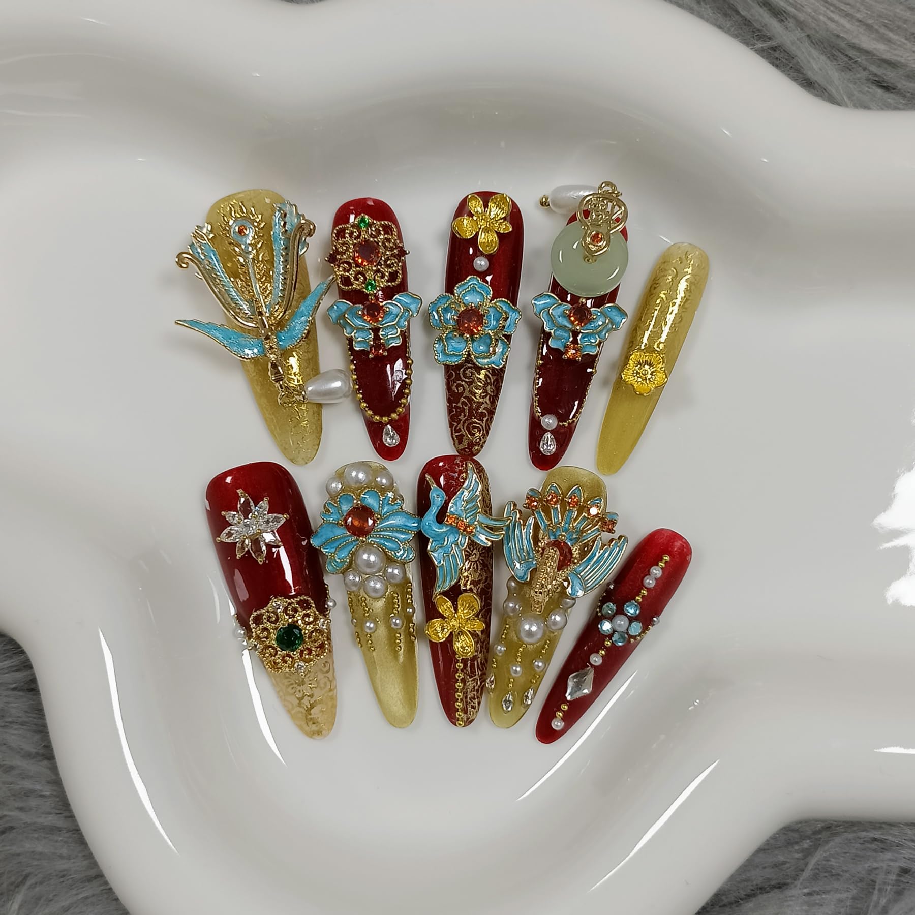 TENPAL 10Pcs Heirloom Bridal Press-On Nails – Red Gold Phoenix Dragon Designs, Long Stiletto