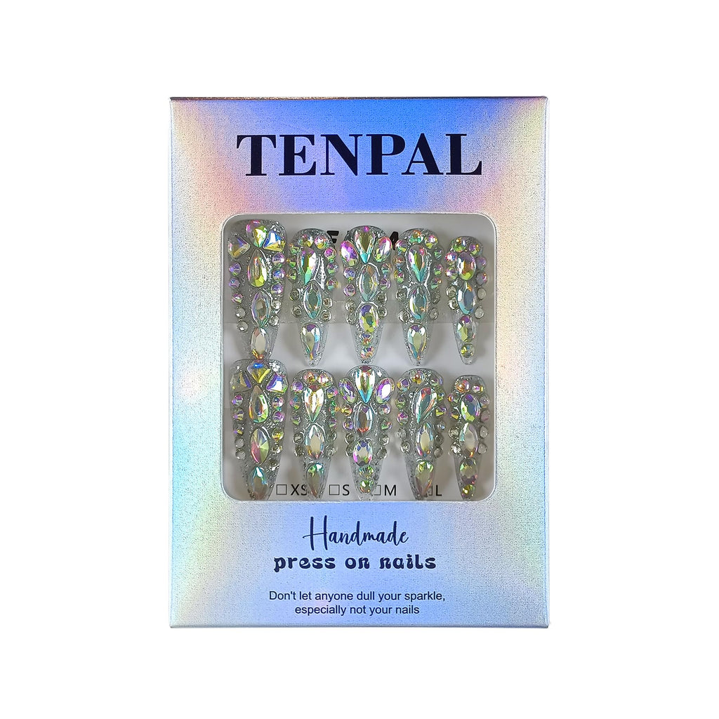 TENPAL 10Pcs Luxury Press On Nails – Long Stiletto, Crystal Glitter, Reusable Bridal Nail Set