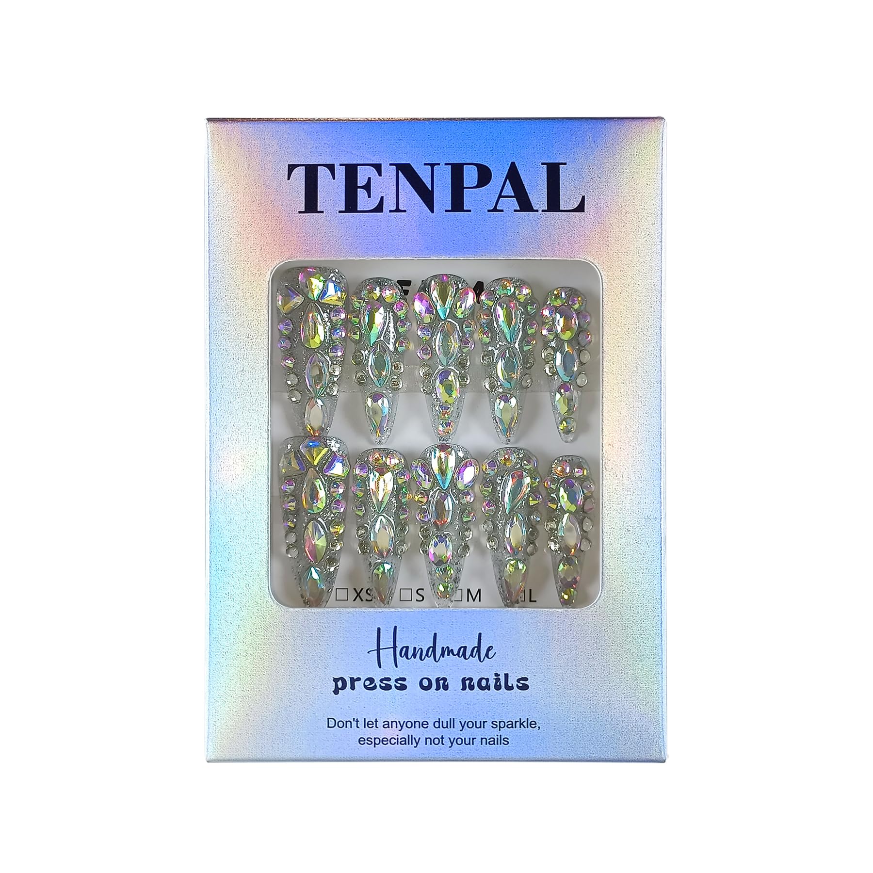 TENPAL 10Pcs Luxury Press On Nails – Long Stiletto, Crystal Glitter, Reusable Bridal Nail Set