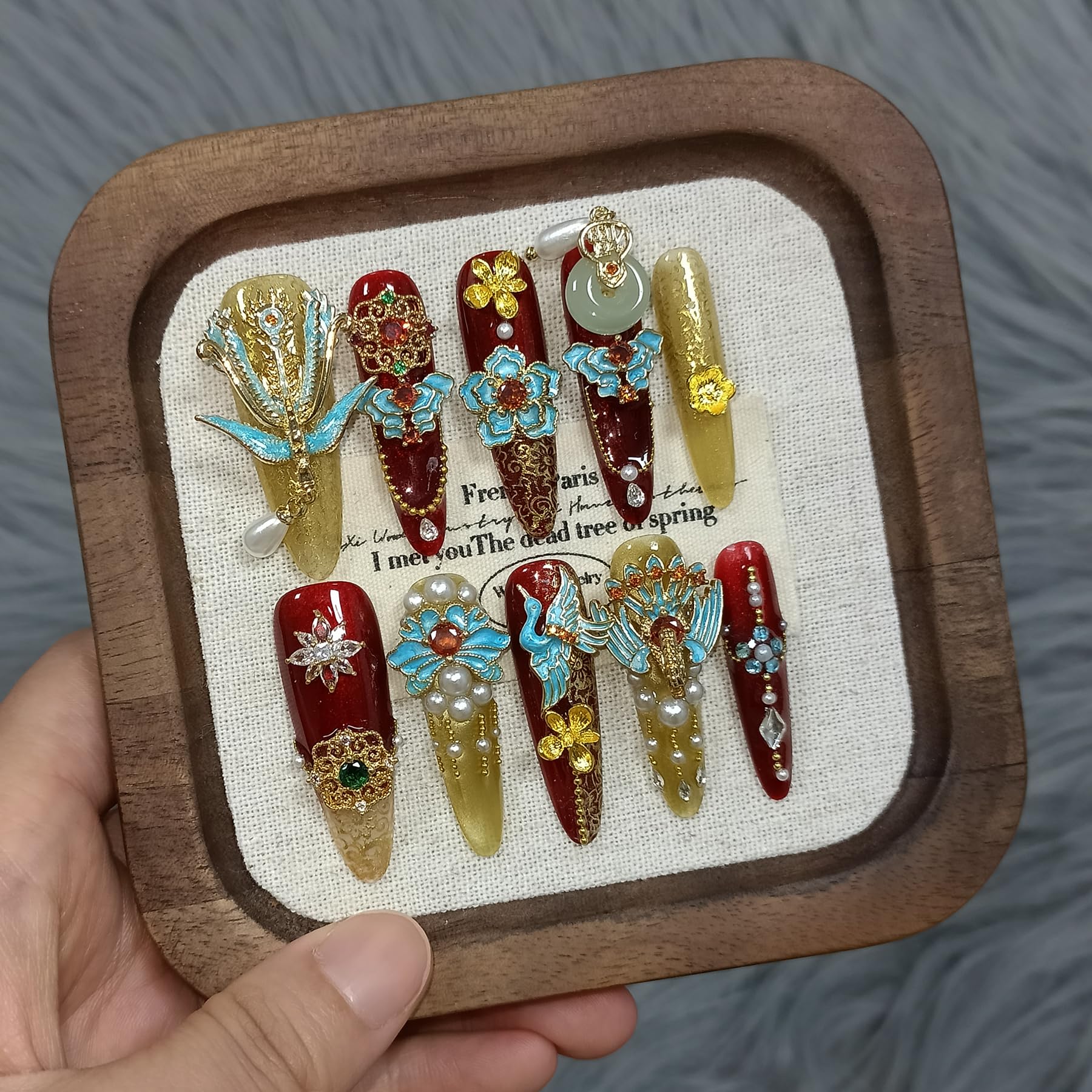 TENPAL 10Pcs Heirloom Bridal Press-On Nails – Red Gold Phoenix Dragon Designs, Long Stiletto