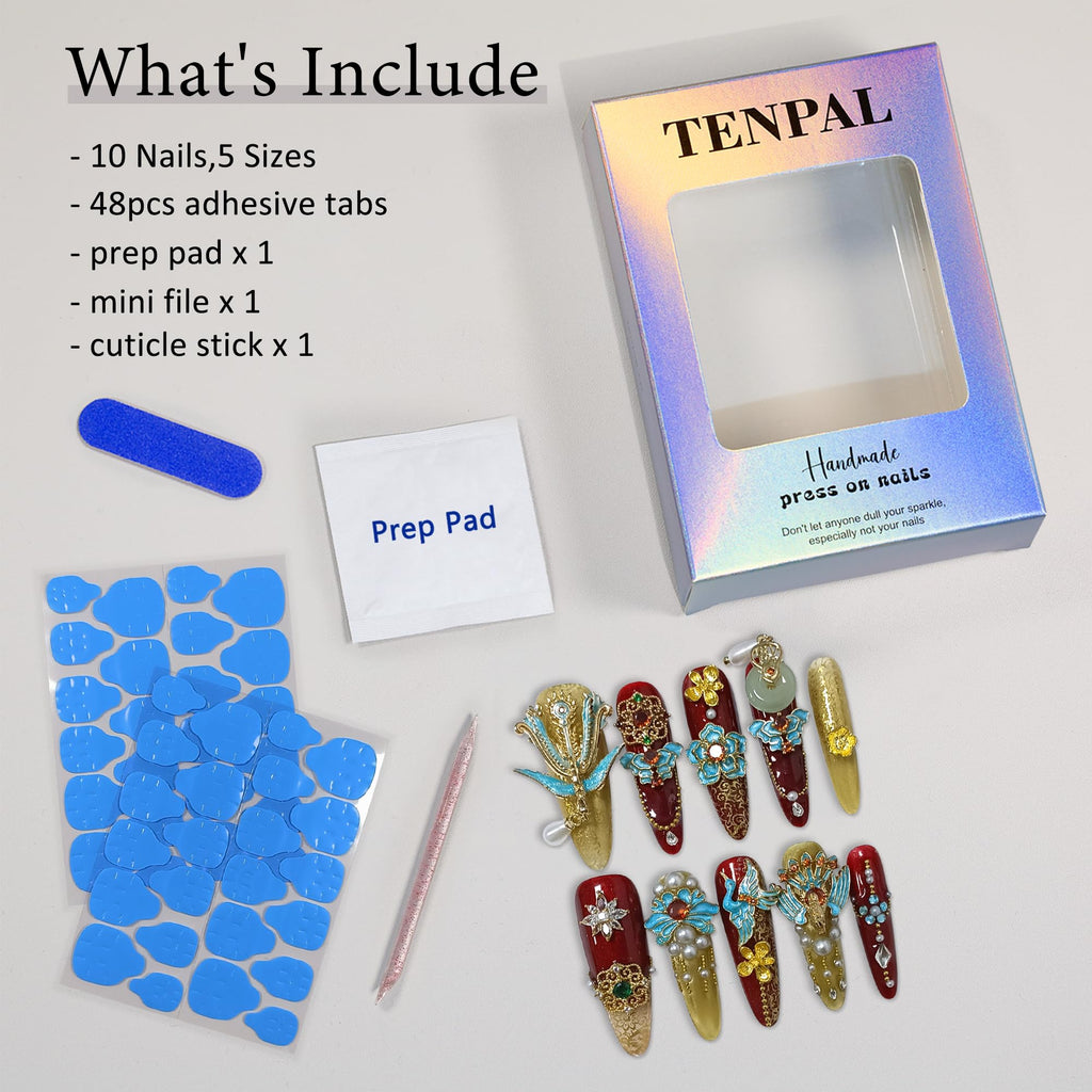 TENPAL 10Pcs Heirloom Bridal Press-On Nails – Red Gold Phoenix Dragon Designs, Long Stiletto
