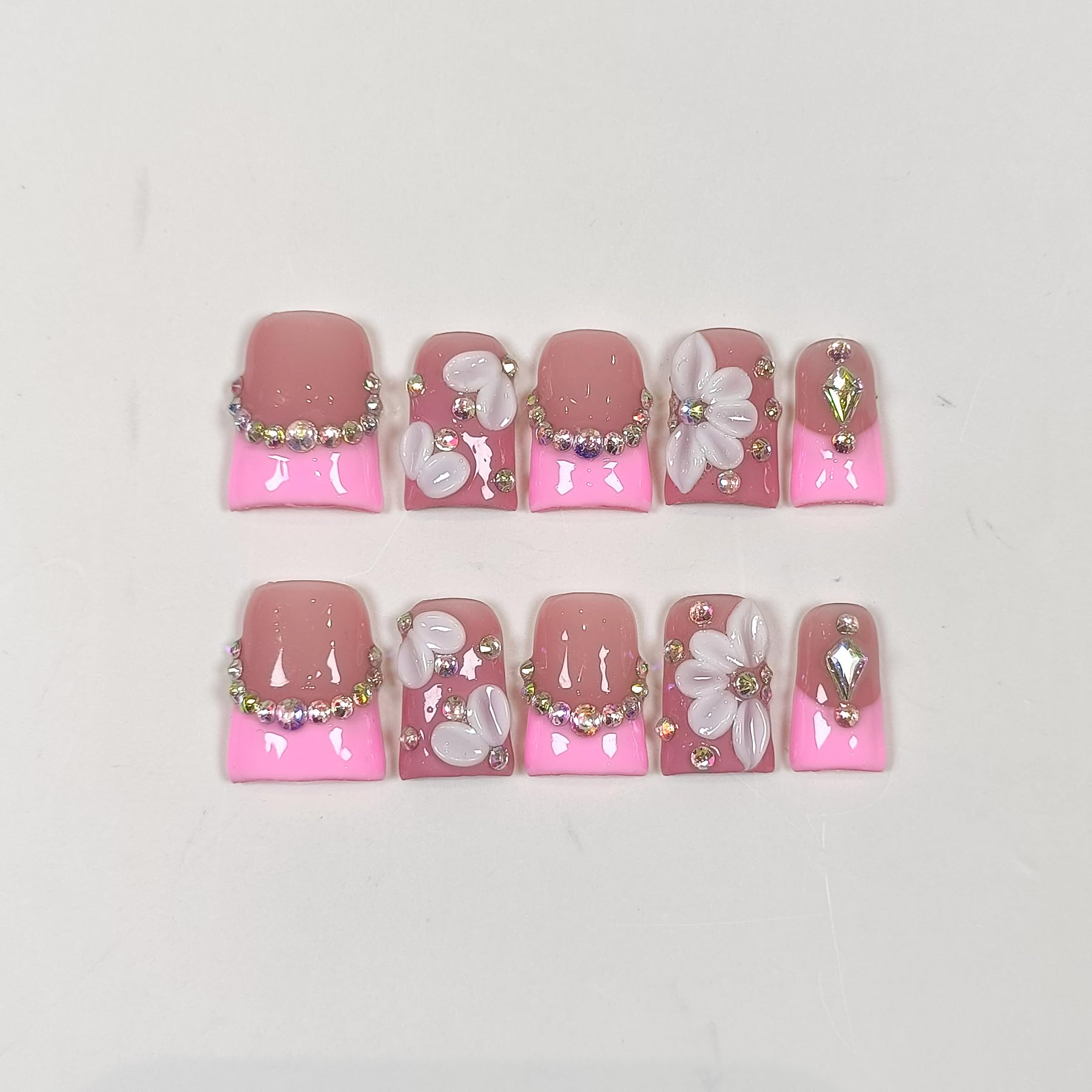 TENPAL Duckbill Shape Handmade Press On Nails Kit | Pink French Floral with 3D Flowers