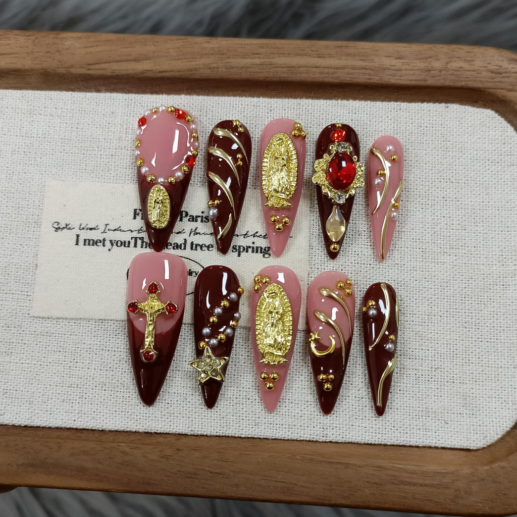 TENPAL Handmade Press-On Nails Long Stiletto – Nude Pink Wine Cross Design with 3D Charm