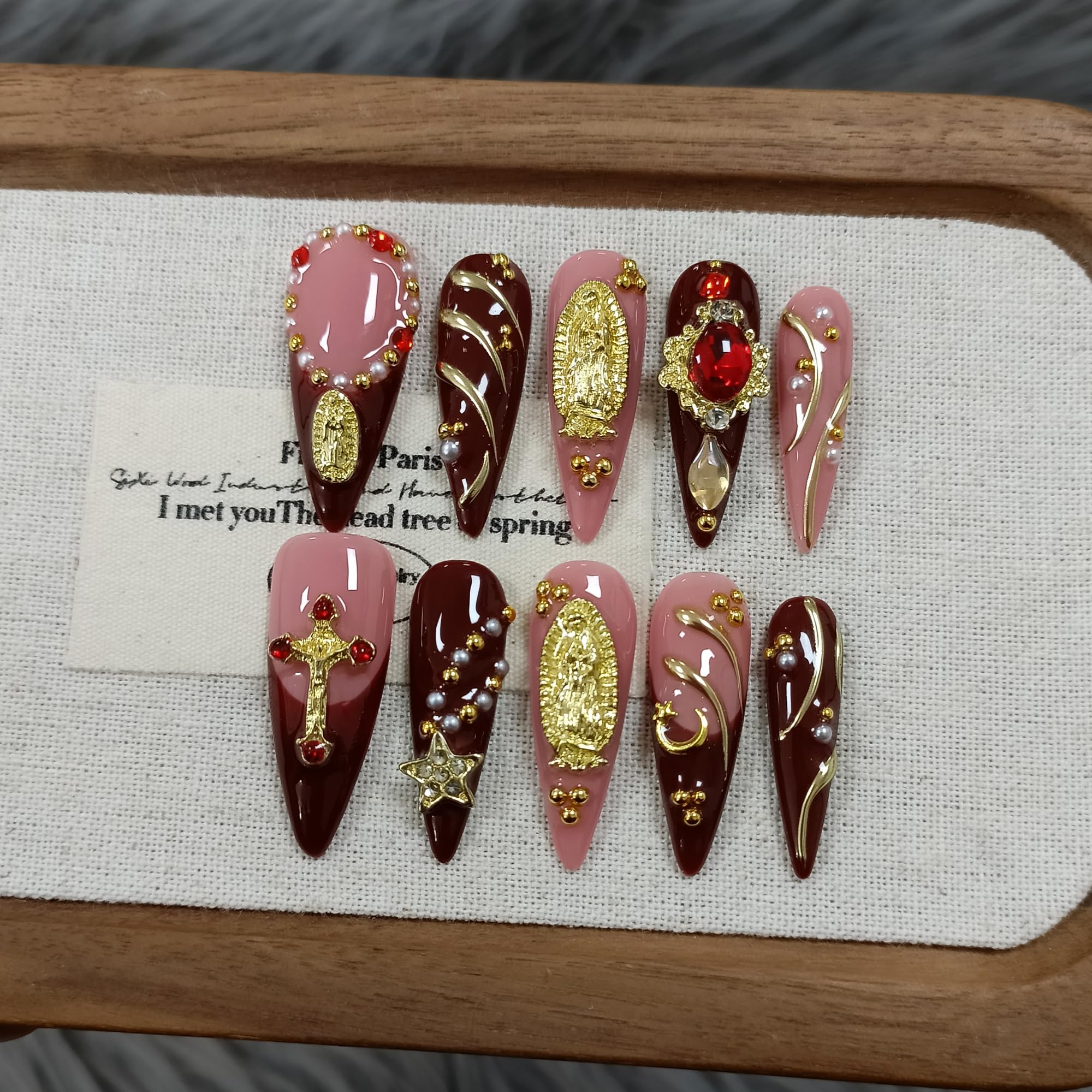 TENPAL Handmade Press-On Nails Long Stiletto – Nude Pink Wine Cross Design with 3D Charm