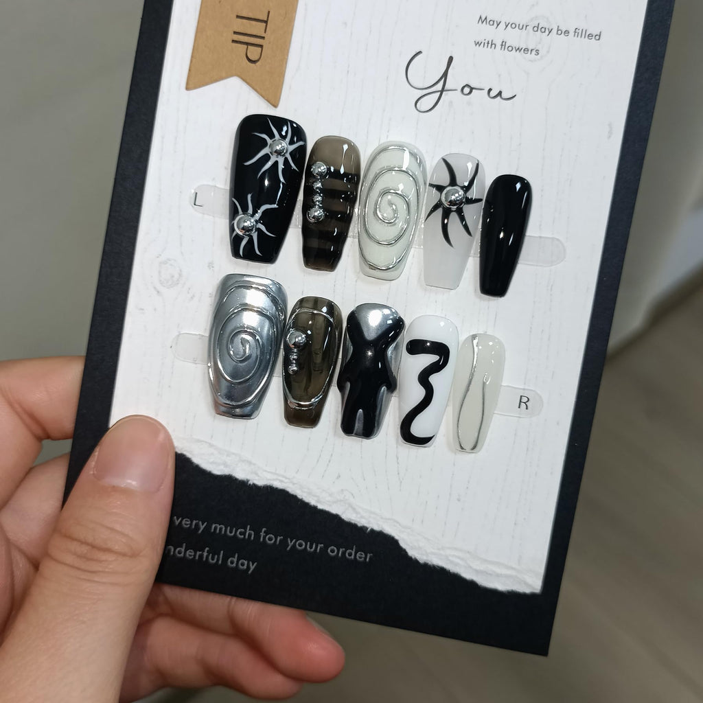 TENPAL Dark Silver Gothic Press On Nails – Long Coffin Shape, 3D Embossed Sun Design, Hand-Painted Art