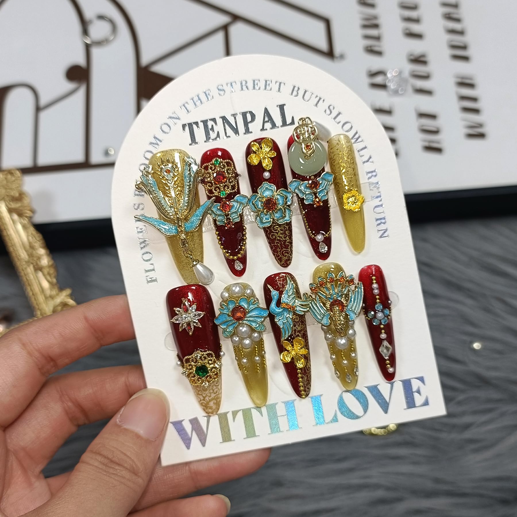 TENPAL 10Pcs Heirloom Bridal Press-On Nails – Red Gold Phoenix Dragon Designs, Long Stiletto