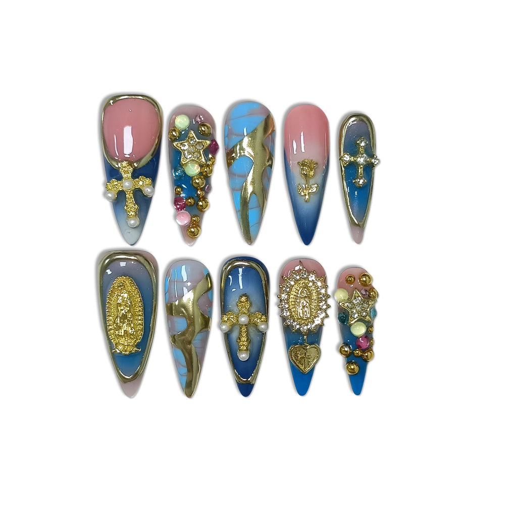 TENPAL 10Pcs Handmade Gothic Press On Nails – Purple-Blue Snake Ombre Long Stiletto with 3D Cross & Celestial Charms | Salon Acrylic Nails