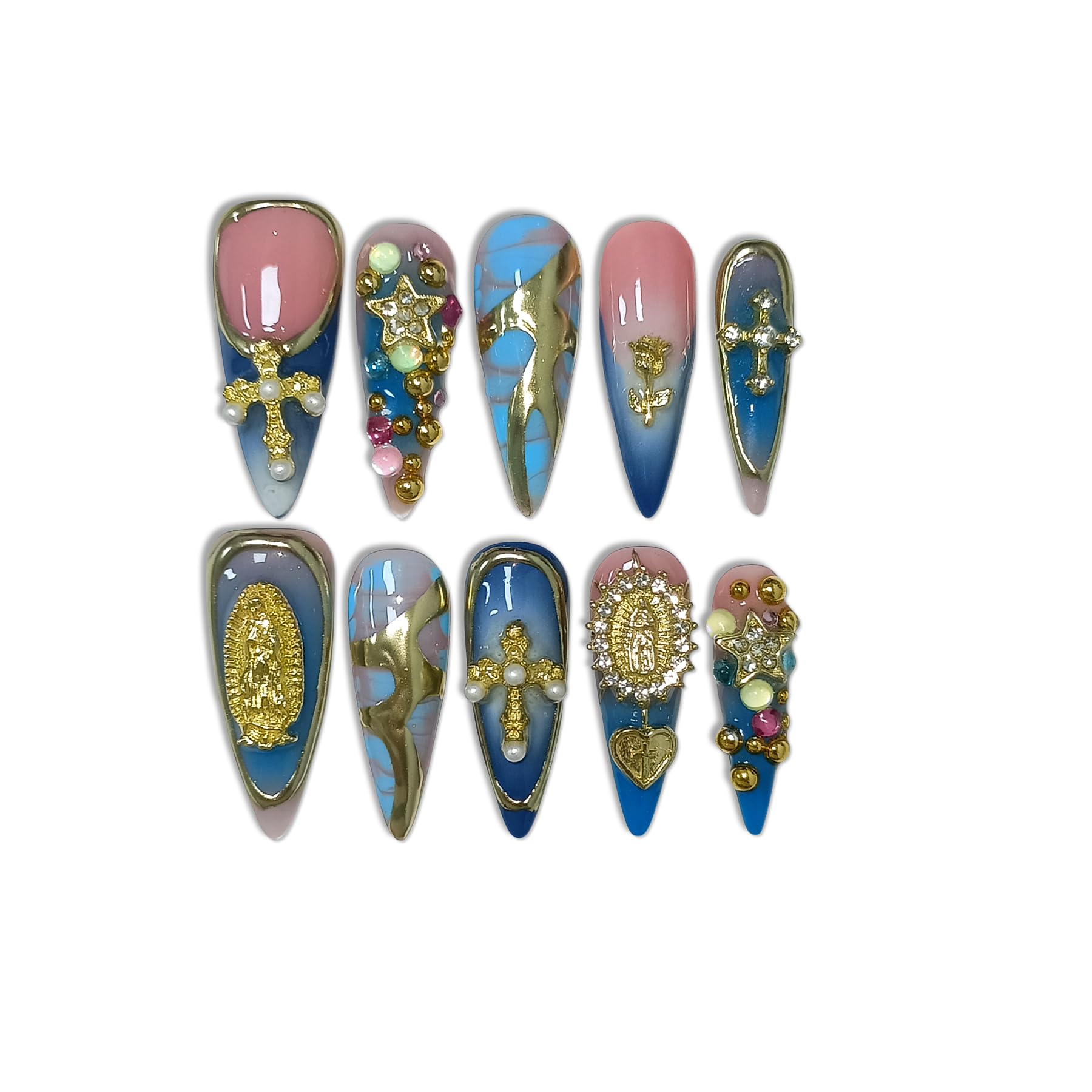 TENPAL 10Pcs Handmade Gothic Press On Nails – Purple-Blue Snake Ombre Long Stiletto with 3D Cross & Celestial Charms | Salon Acrylic Nails