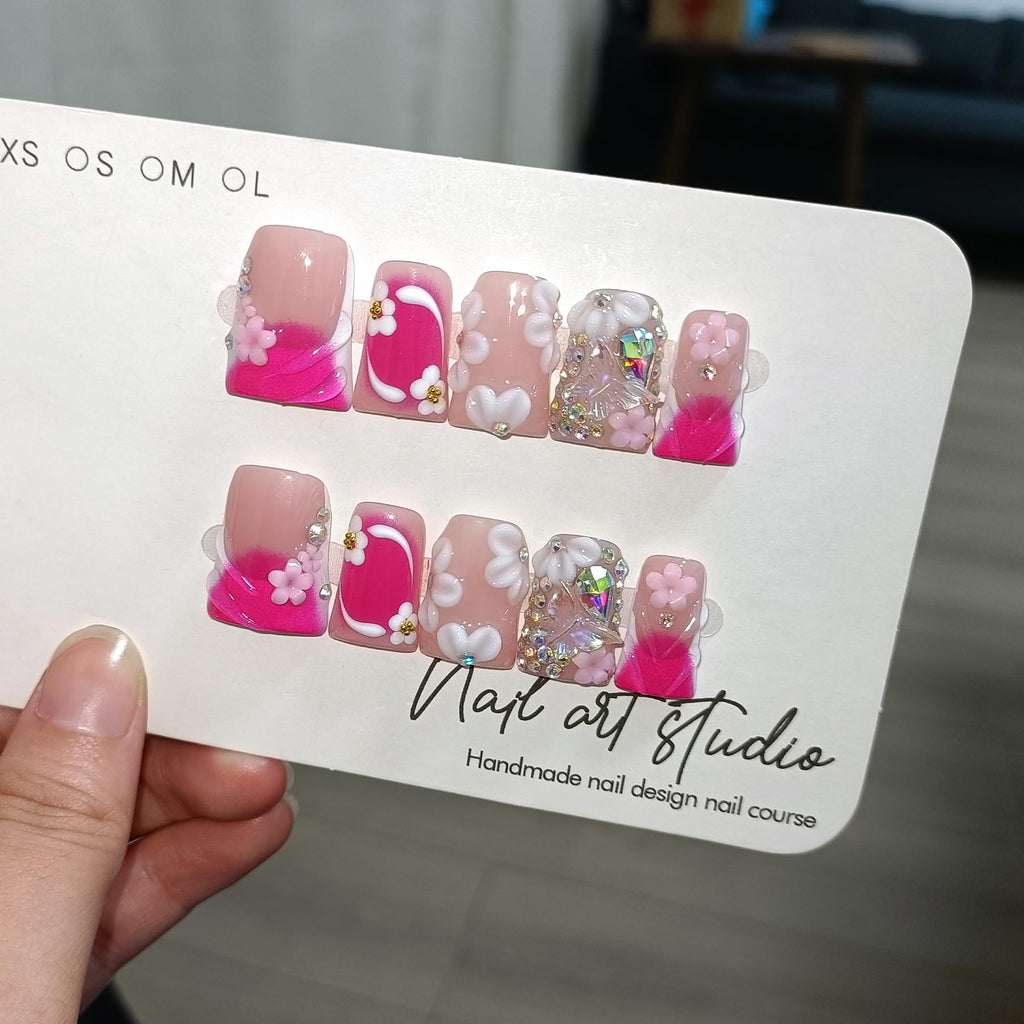 TENPAL 10Pcs Handmade Press-On Duck Nails with Charms – Glossy Pink French Tips