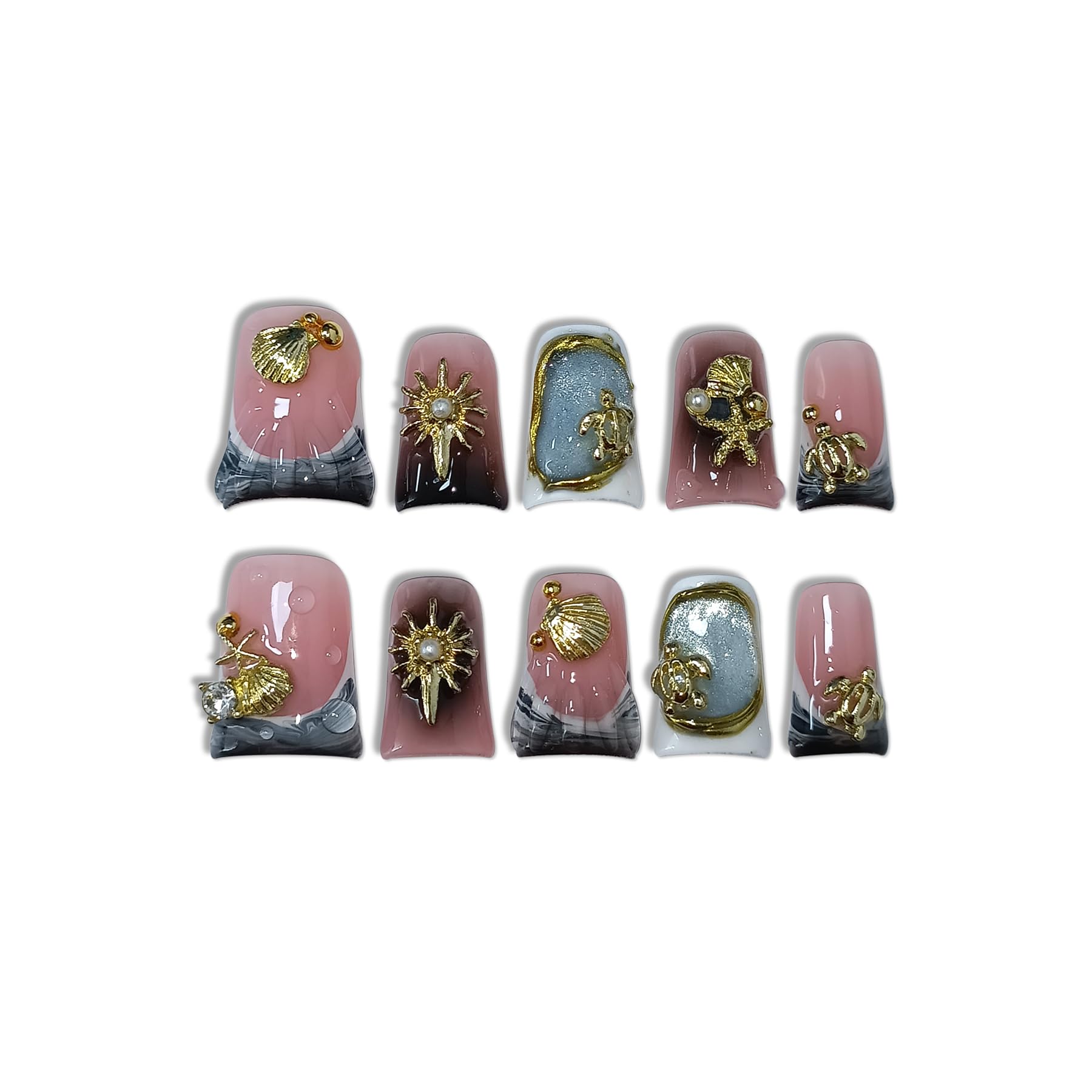 TENPAL Duckbill Press On Nails – Cat Eye Ocean Metal Design, 10-Piece Glitter Nails