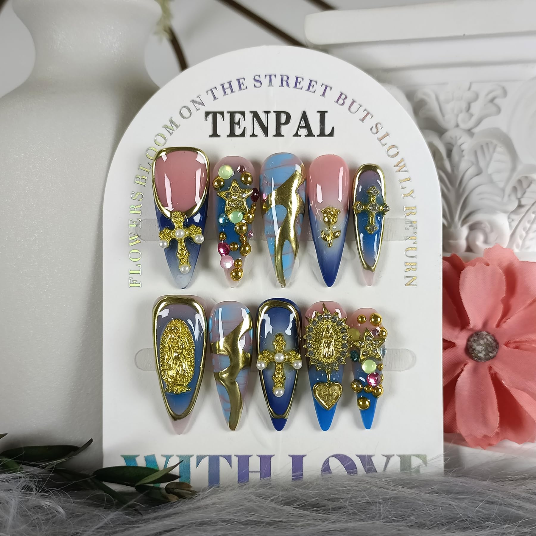 TENPAL 10Pcs Handmade Gothic Press On Nails – Purple-Blue Snake Ombre Long Stiletto with 3D Cross & Celestial Charms | Salon Acrylic Nails