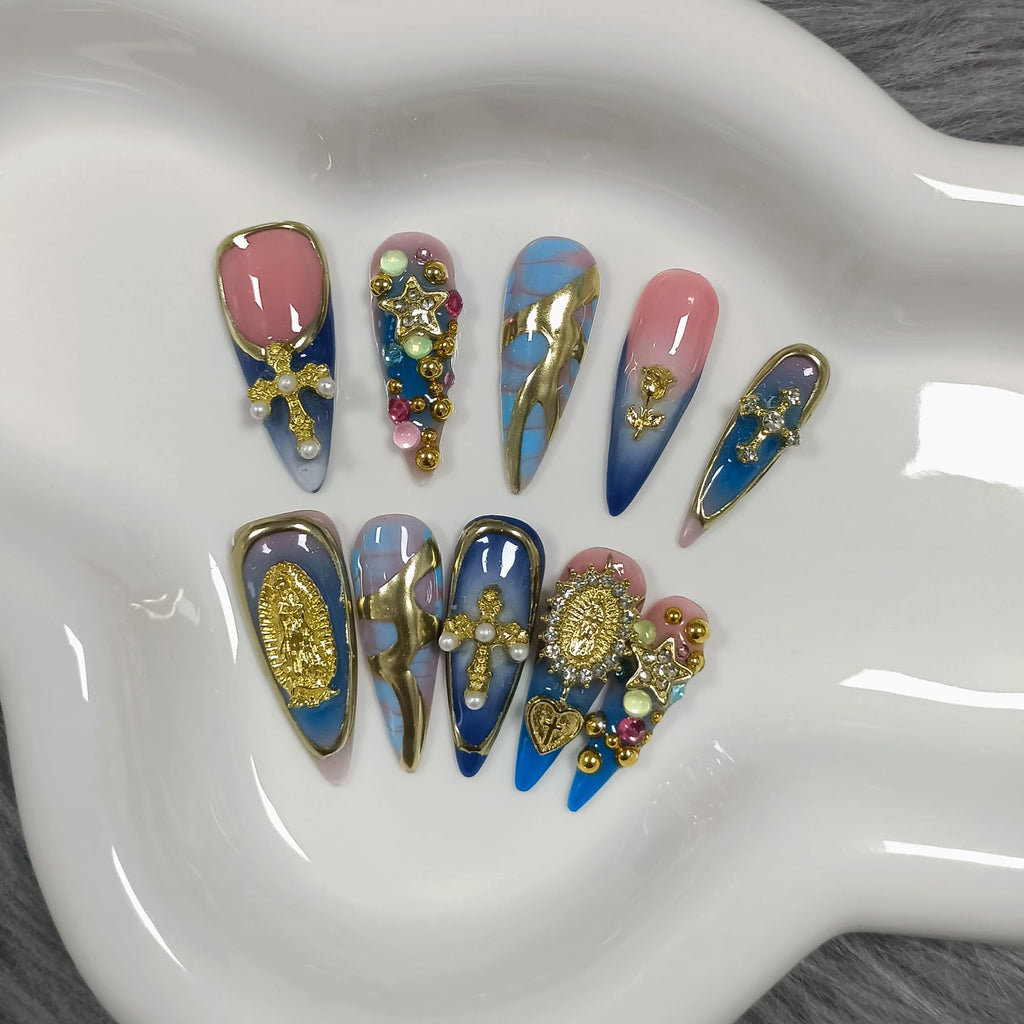 TENPAL 10Pcs Handmade Gothic Press On Nails – Purple-Blue Snake Ombre Long Stiletto with 3D Cross & Celestial Charms | Salon Acrylic Nails