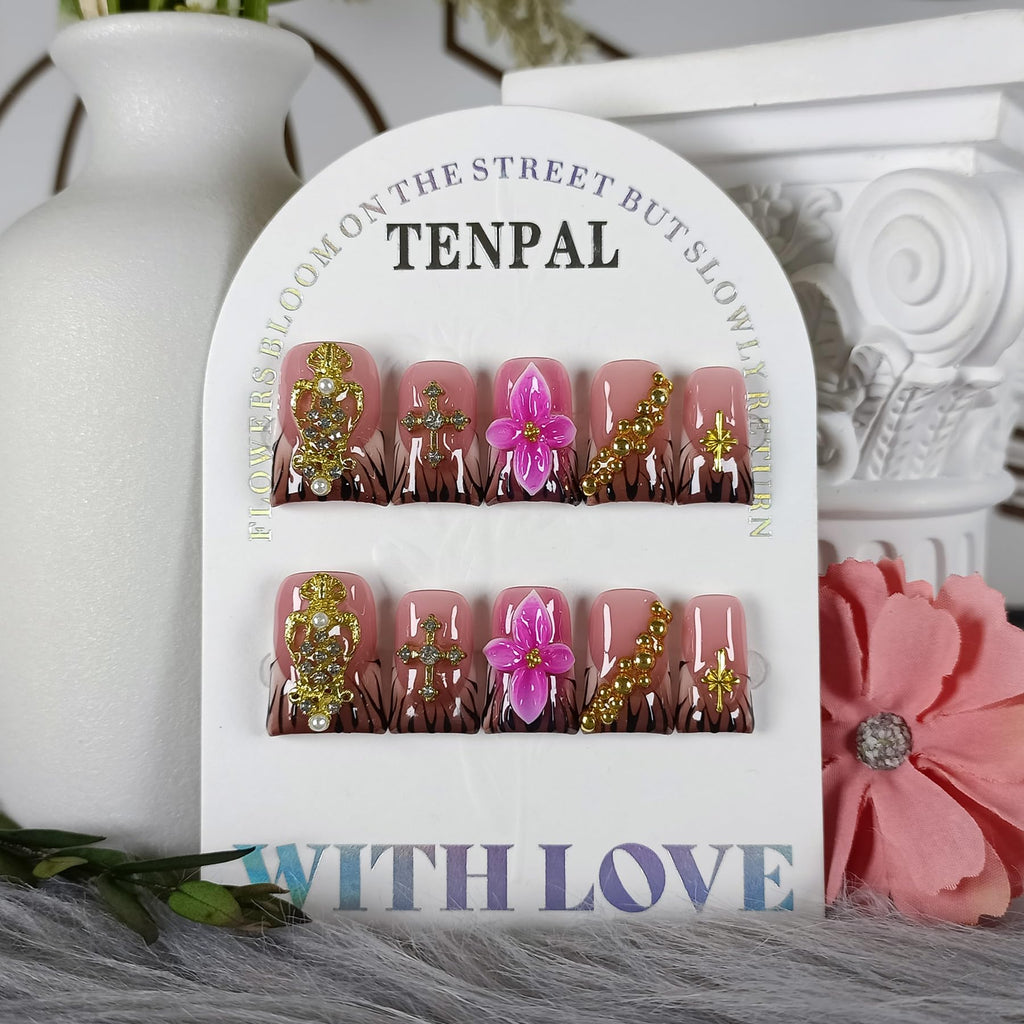 TENPAL Handmade Duckbill Press-On Nails – Zebra Print & Pink Floral with 3D Cross Studs