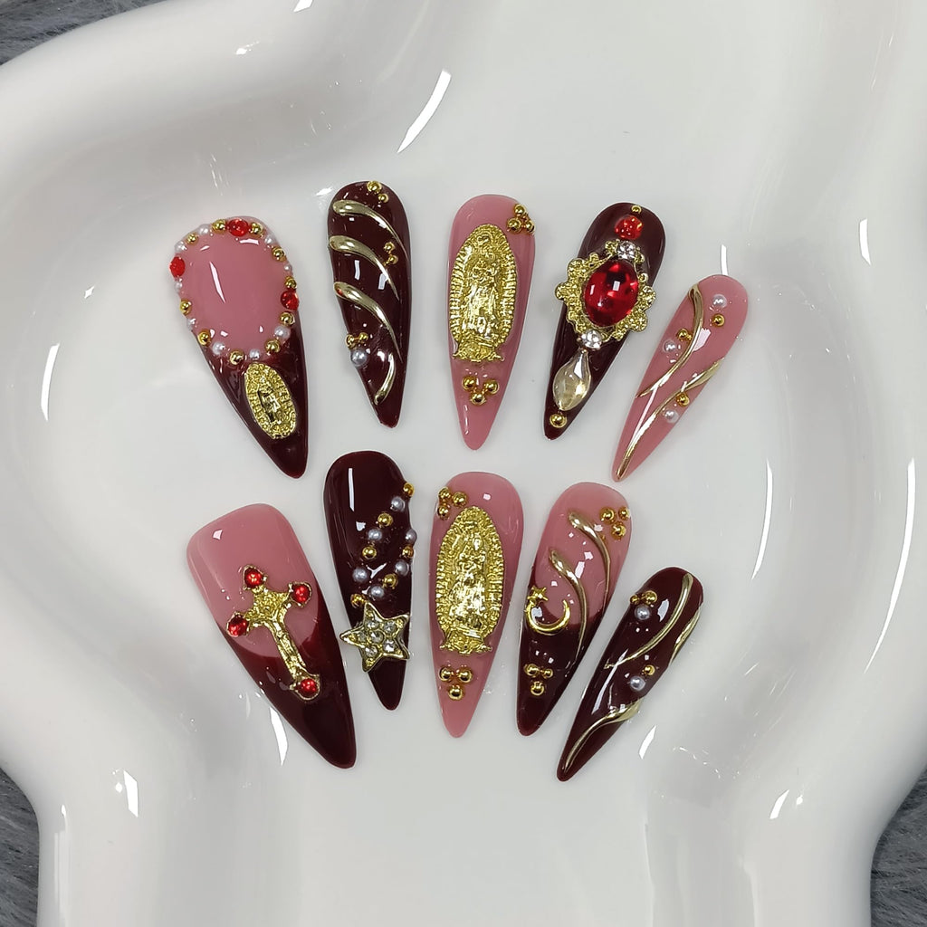 TENPAL Handmade Press On Nails – Long Stiletto Nude Pink Wine with 3D Cross Charm