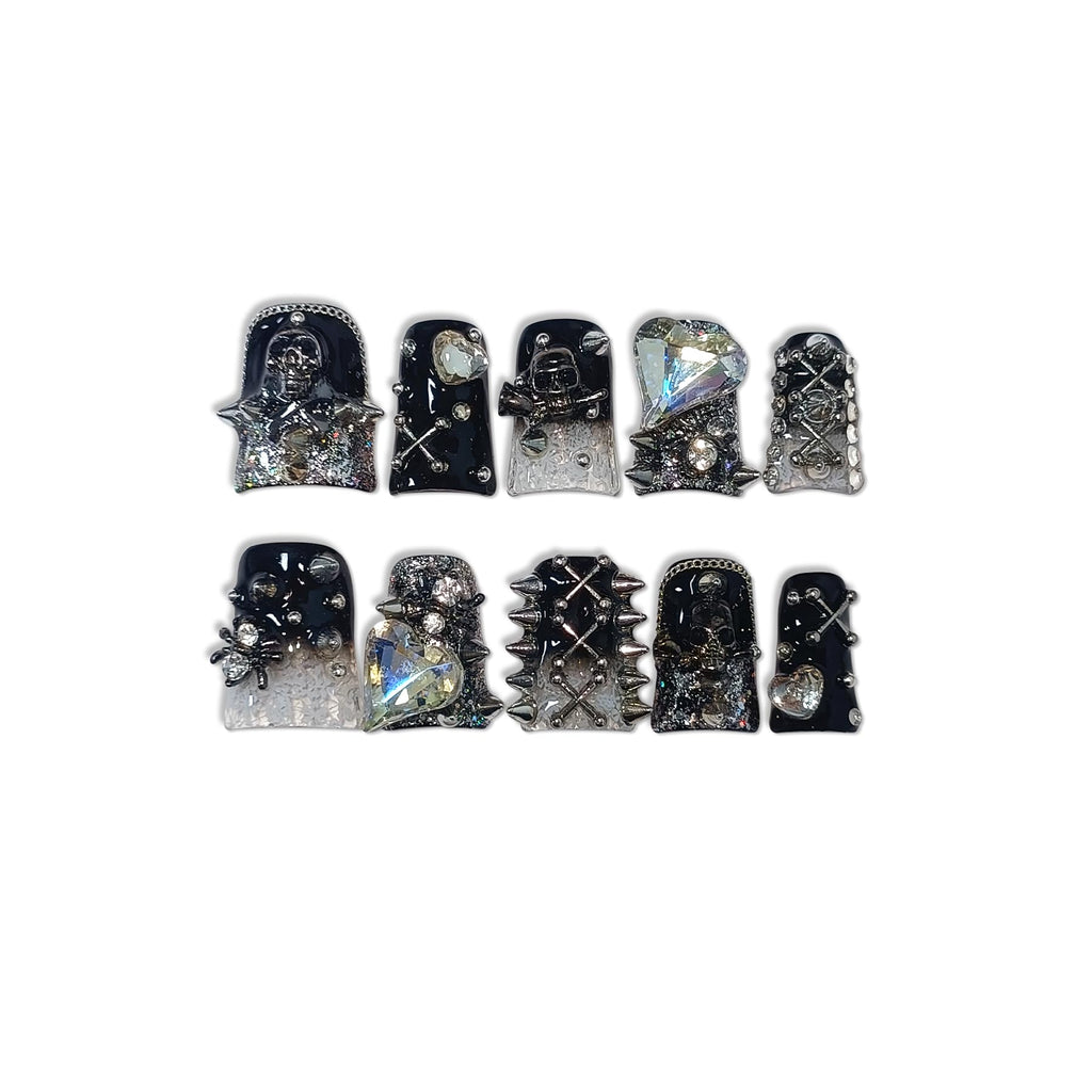 TENPAL Gothic Duck Nails – 10Pcs Clip-On Press-On with Punk Studs & Crystal Skull (Glossy Black Duckbill)