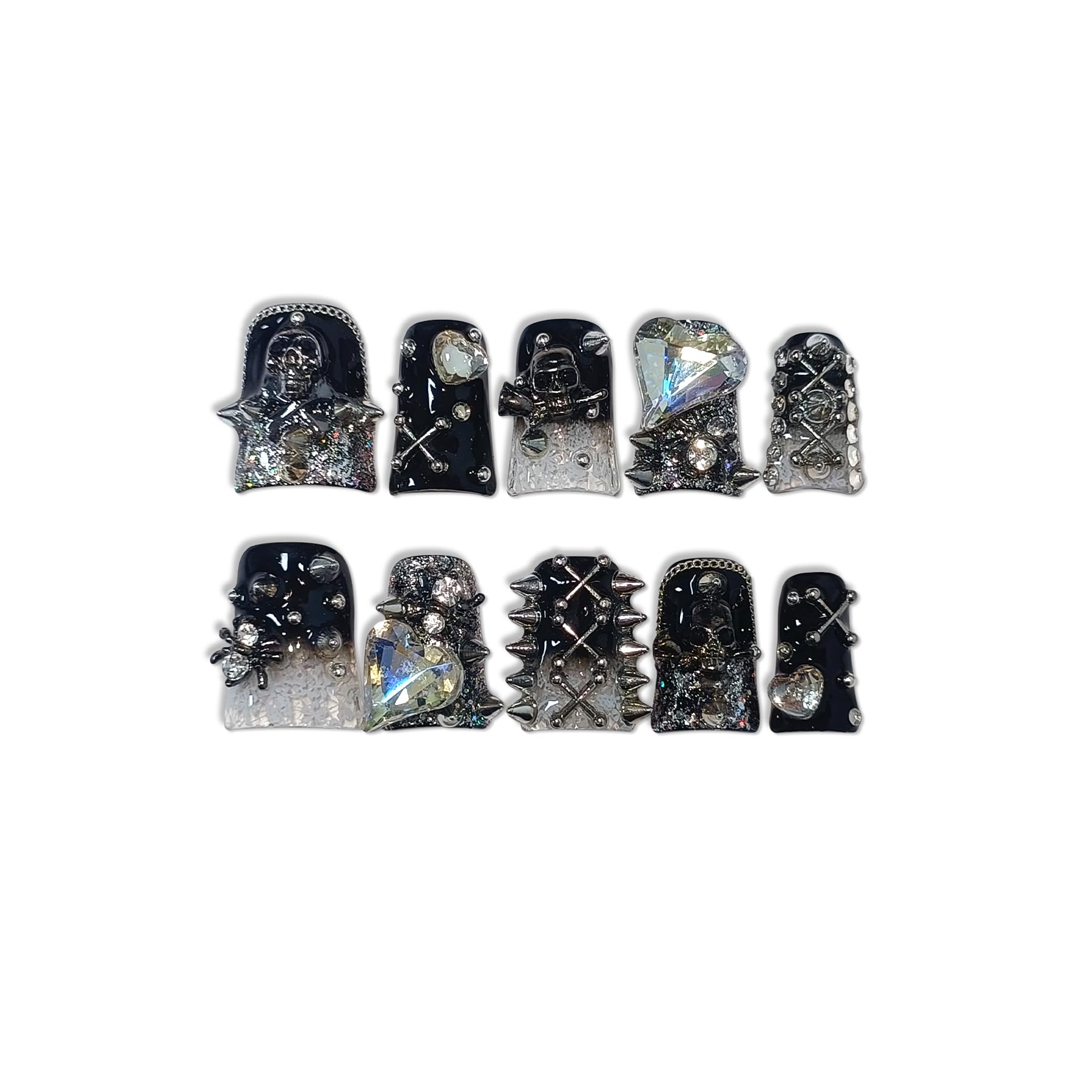 TENPAL Gothic Duck Nails – 10Pcs Clip-On Press-On with Punk Studs & Crystal Skull (Glossy Black Duckbill)