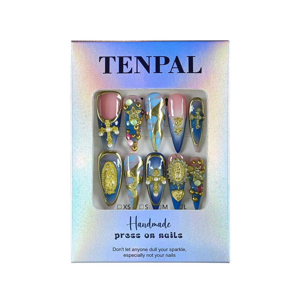 TENPAL 10Pcs Handmade Gothic Press On Nails – Purple-Blue Snake Ombre Long Stiletto with 3D Cross & Celestial Charms | Salon Acrylic Nails