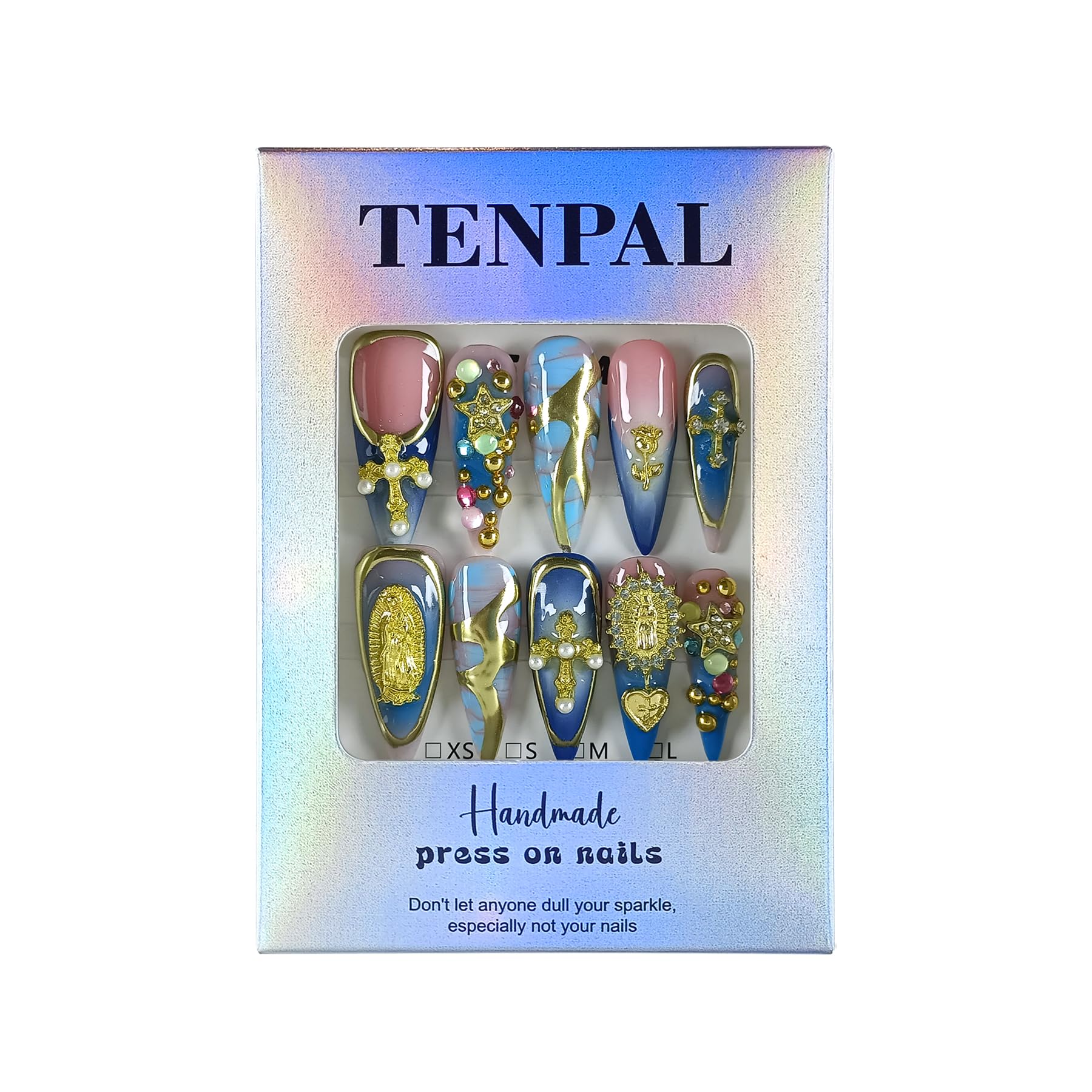 TENPAL 10Pcs Handmade Gothic Press On Nails – Purple-Blue Snake Ombre Long Stiletto with 3D Cross & Celestial Charms | Salon Acrylic Nails