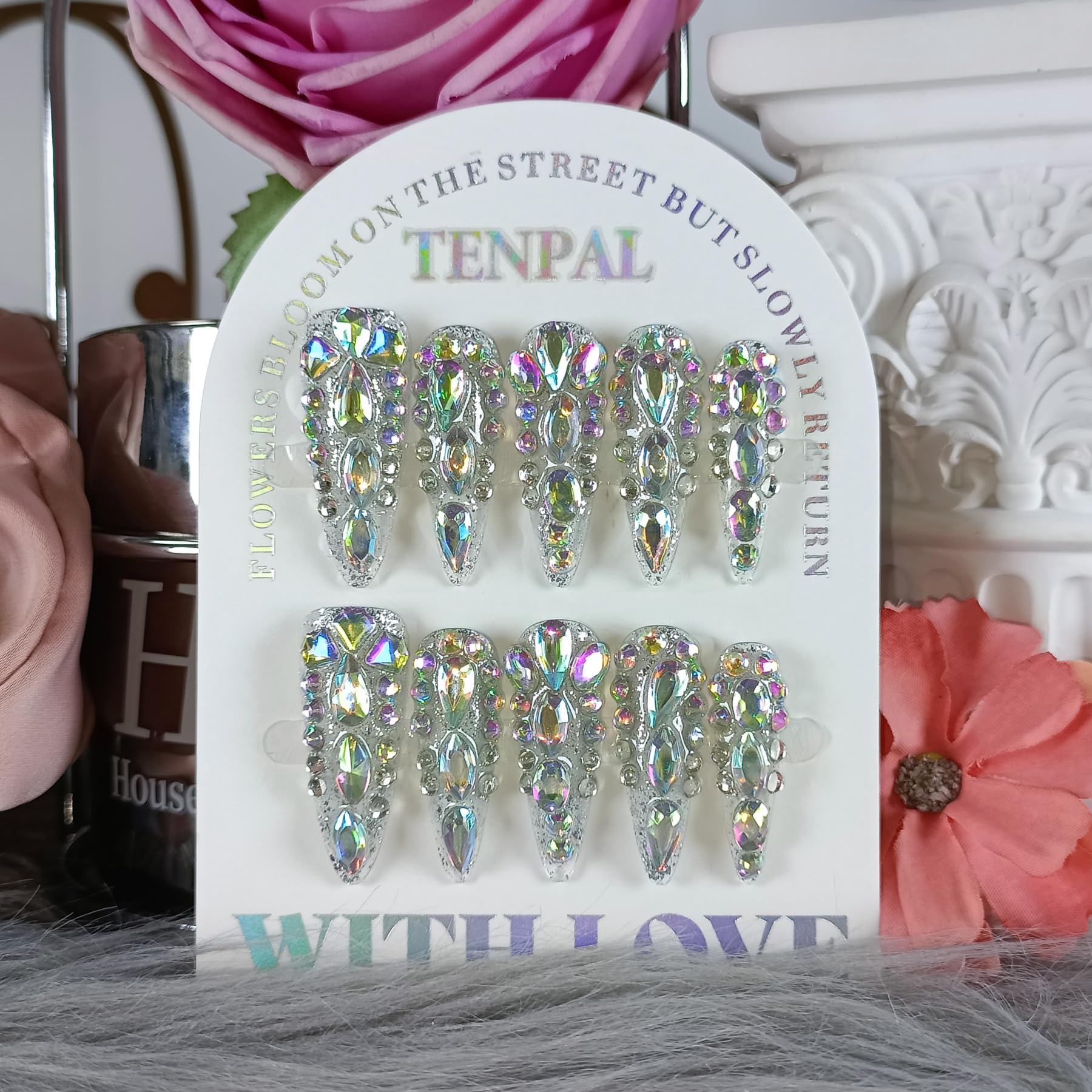 TENPAL 10Pcs Luxury Press On Nails – Long Stiletto, Crystal Glitter, Reusable Bridal Nail Set