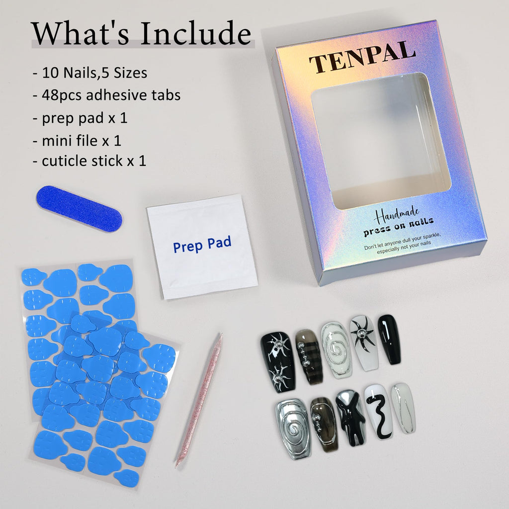 TENPAL Dark Silver Gothic Press On Nails – Long Coffin Shape, 3D Embossed Sun Design, Hand-Painted Art