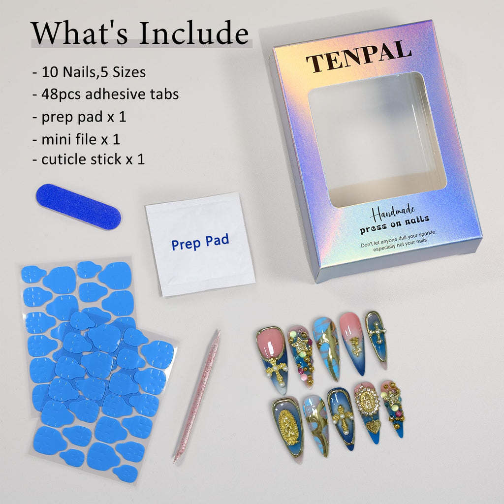 TENPAL 10Pcs Handmade Gothic Press On Nails – Purple-Blue Snake Ombre Long Stiletto with 3D Cross & Celestial Charms | Salon Acrylic Nails