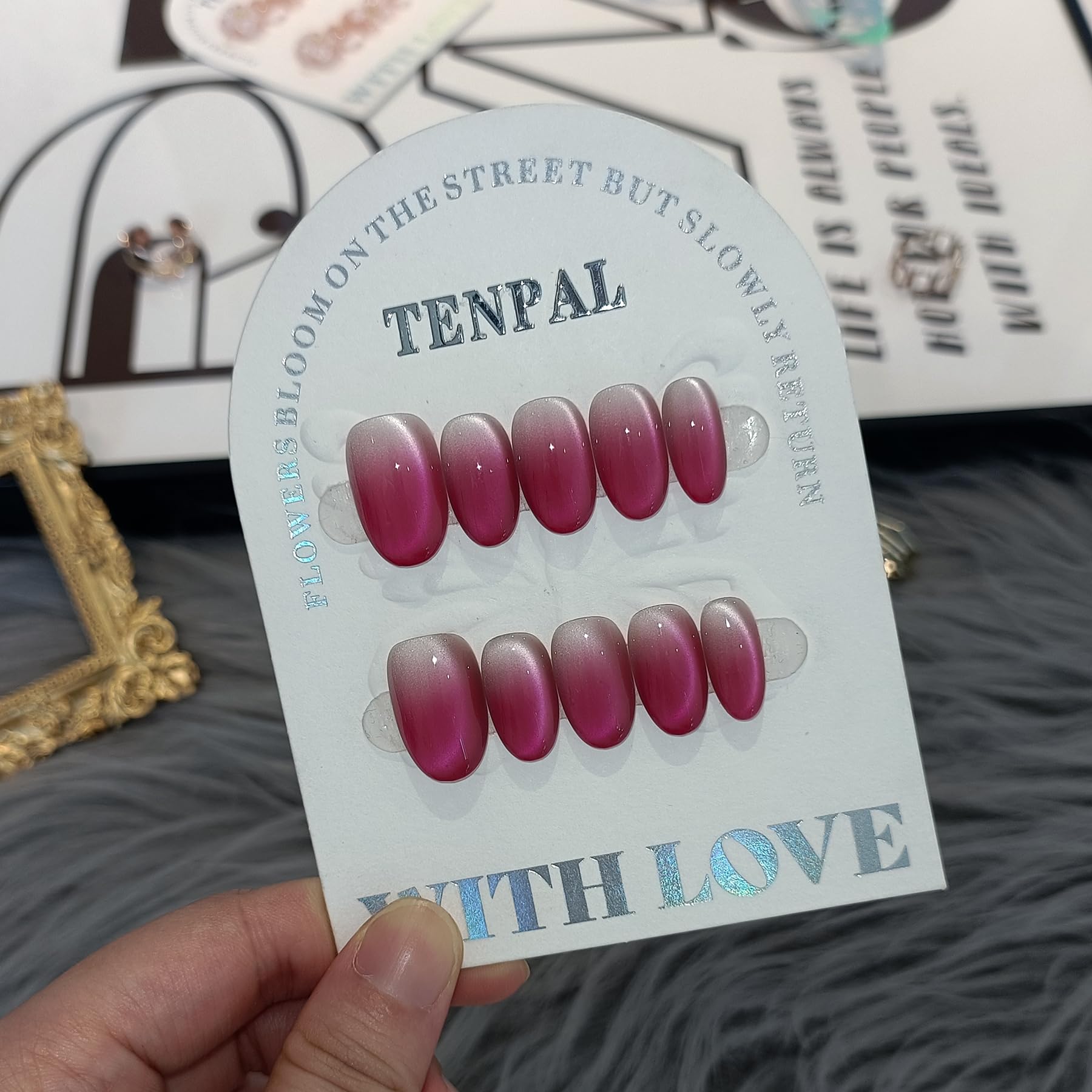 TENPAL Press On Nails 10 Pcs with Tools Kit (XS) – Peach Tea Rose Gradient Cat Eye, Short Oval