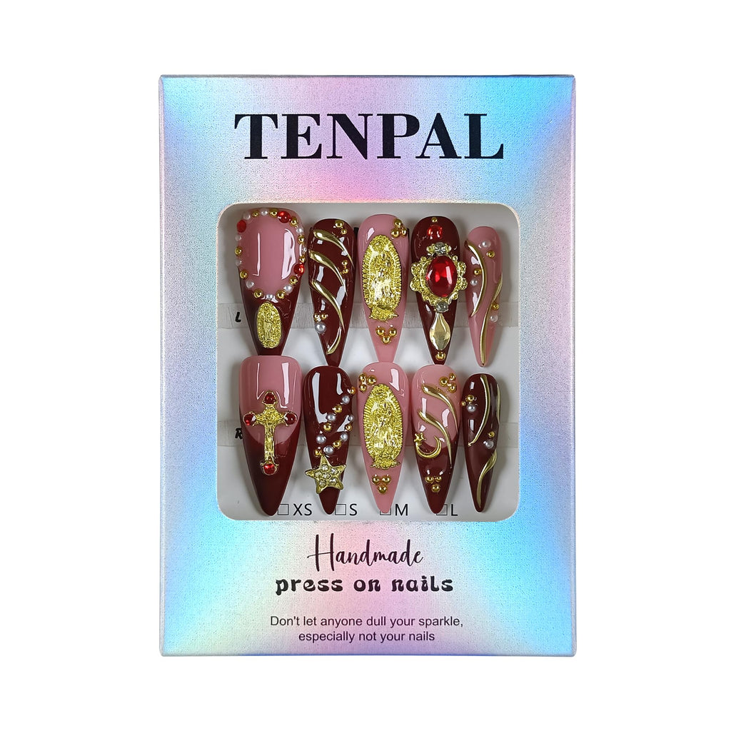 TENPAL Handmade Press On Nails Long Stiletto – Nude Pink Wine Cross Design | Chapelcore Y2K Nails