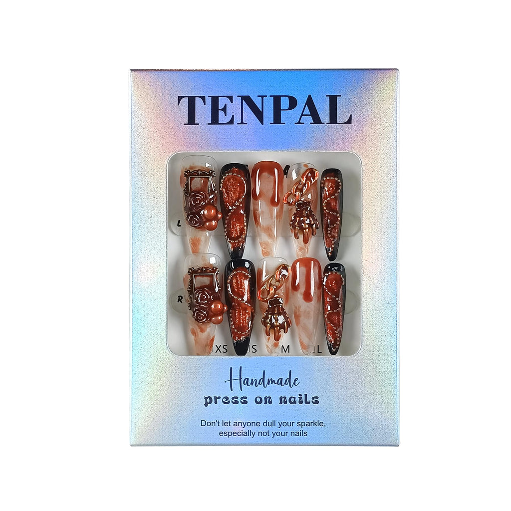TENPAL 10Pcs Gothic Press On Nails with Tools – Blood Stain Black Red Long Stiletto & 3D Roses Skull Art