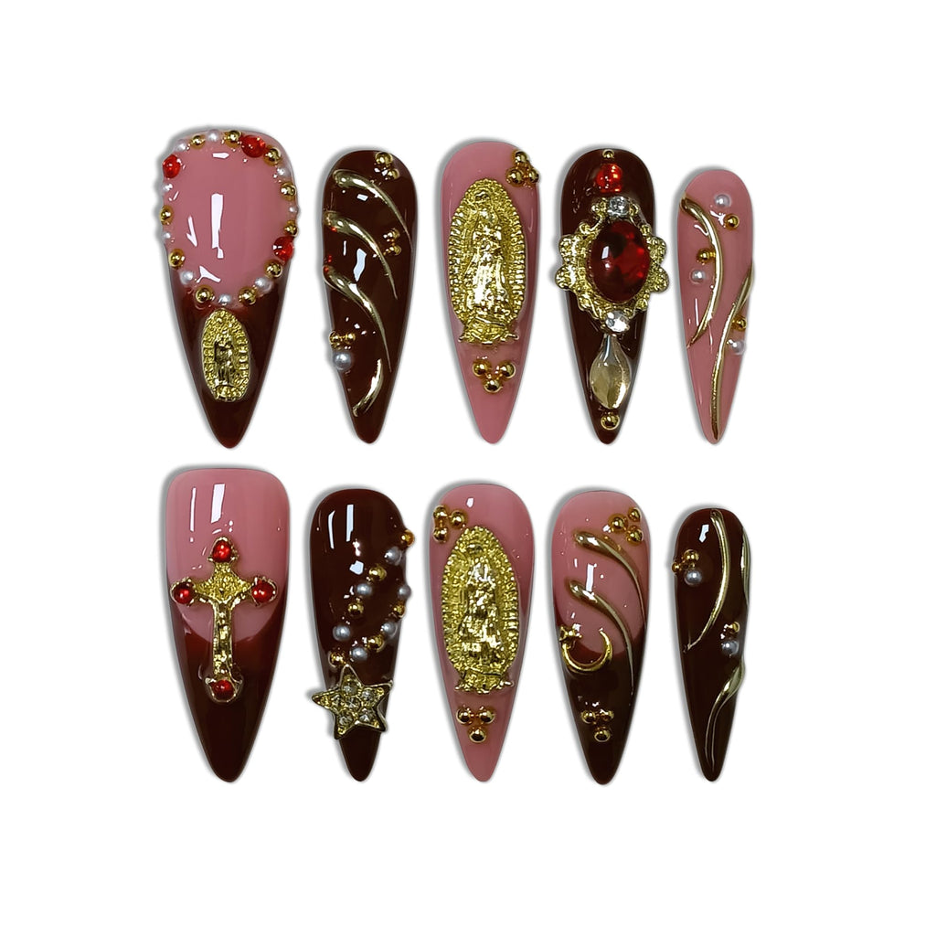 TENPAL Handmade Press On Nails – Long Stiletto Nude Pink Wine with 3D Cross Charm