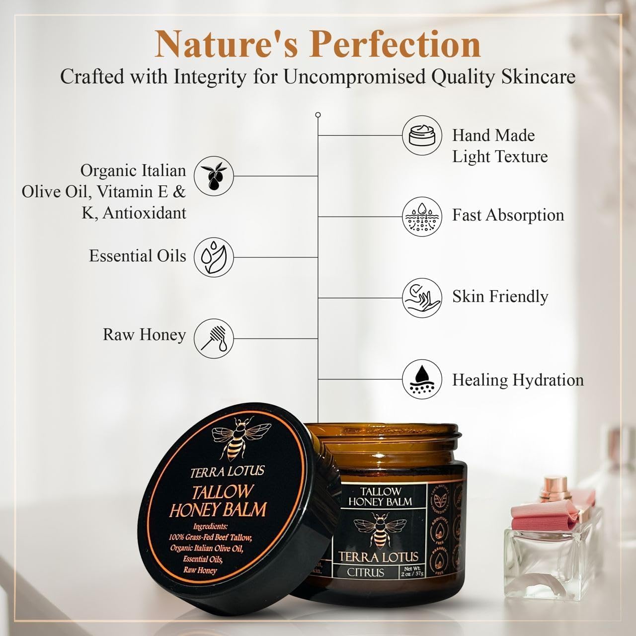 Terra Lotus Organic Grass-Fed Beef Tallow Balm with Raw Honey – Citrus