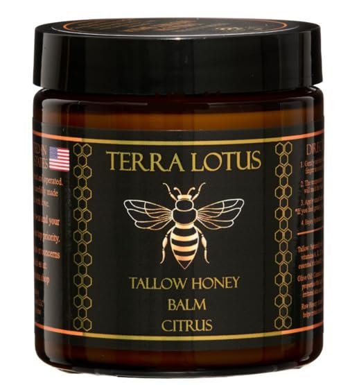 Terra Lotus Organic Grass-Fed Beef Tallow Balm with Raw Honey – Moisturizing Cream for All Skin Types (4oz, Citrus)