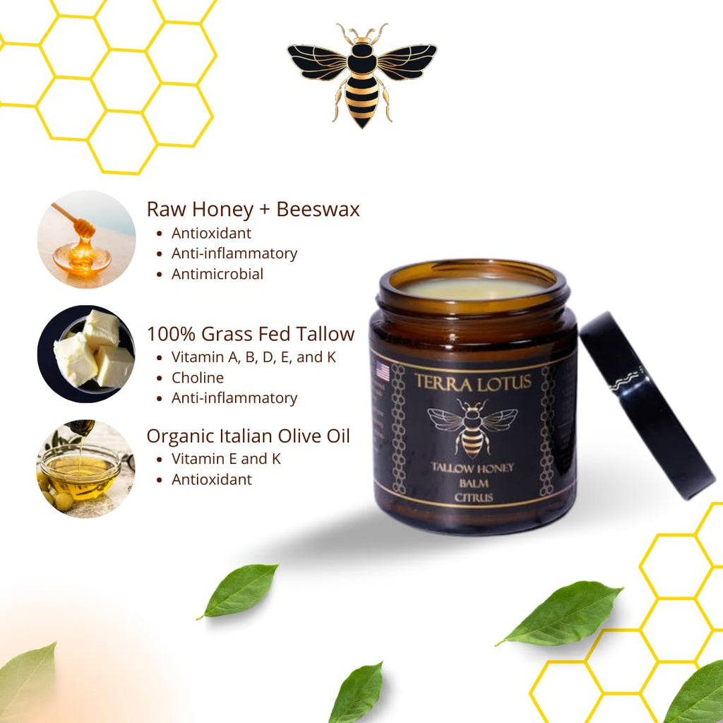 Terra Lotus Organic Grass-Fed Beef Tallow Balm with Raw Honey – Moisturizing Cream for All Skin Types (4oz, Citrus)