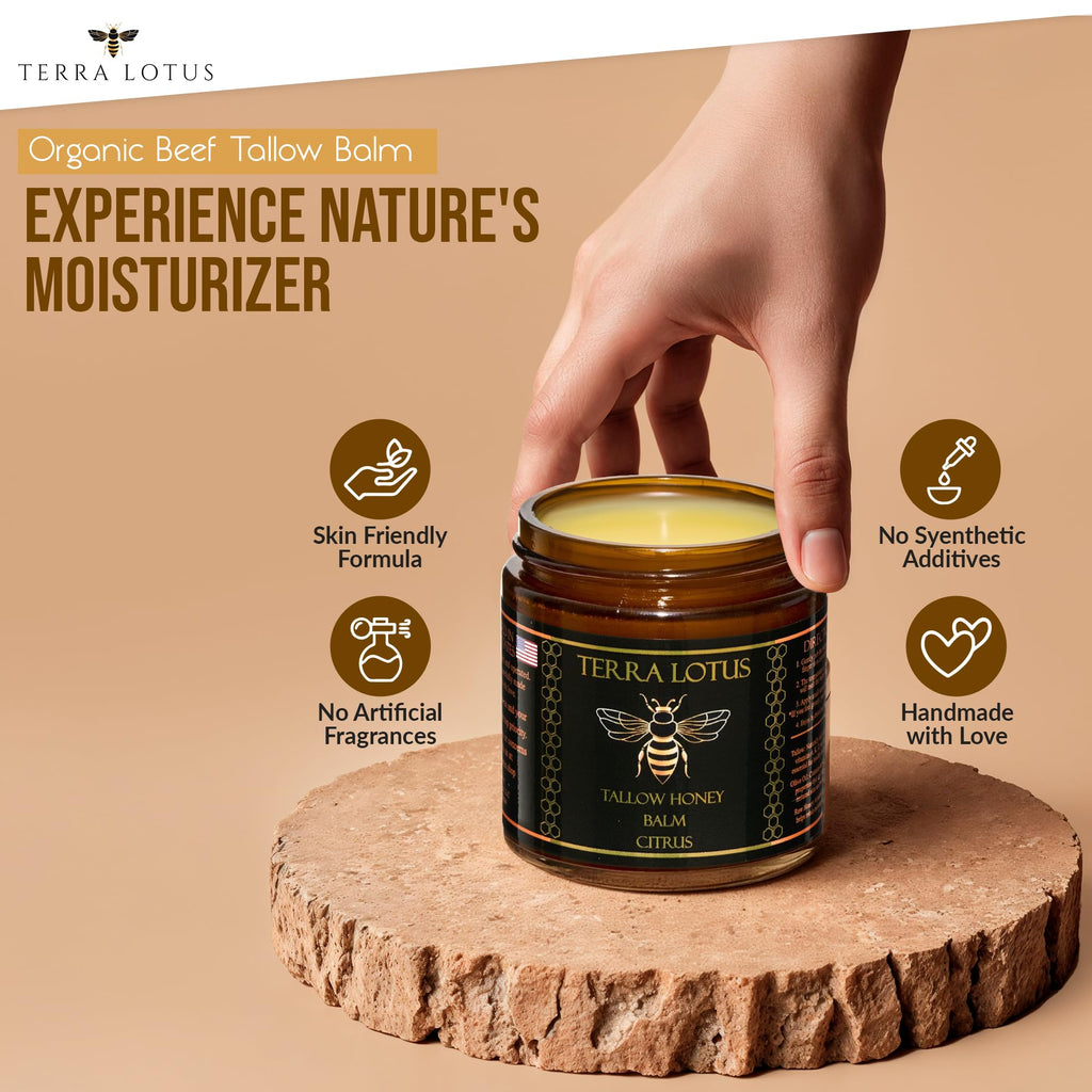 Terra Lotus Organic Grass-Fed Beef Tallow Balm with Raw Honey – Moisturizing Cream for All Skin Types (4oz, Citrus)