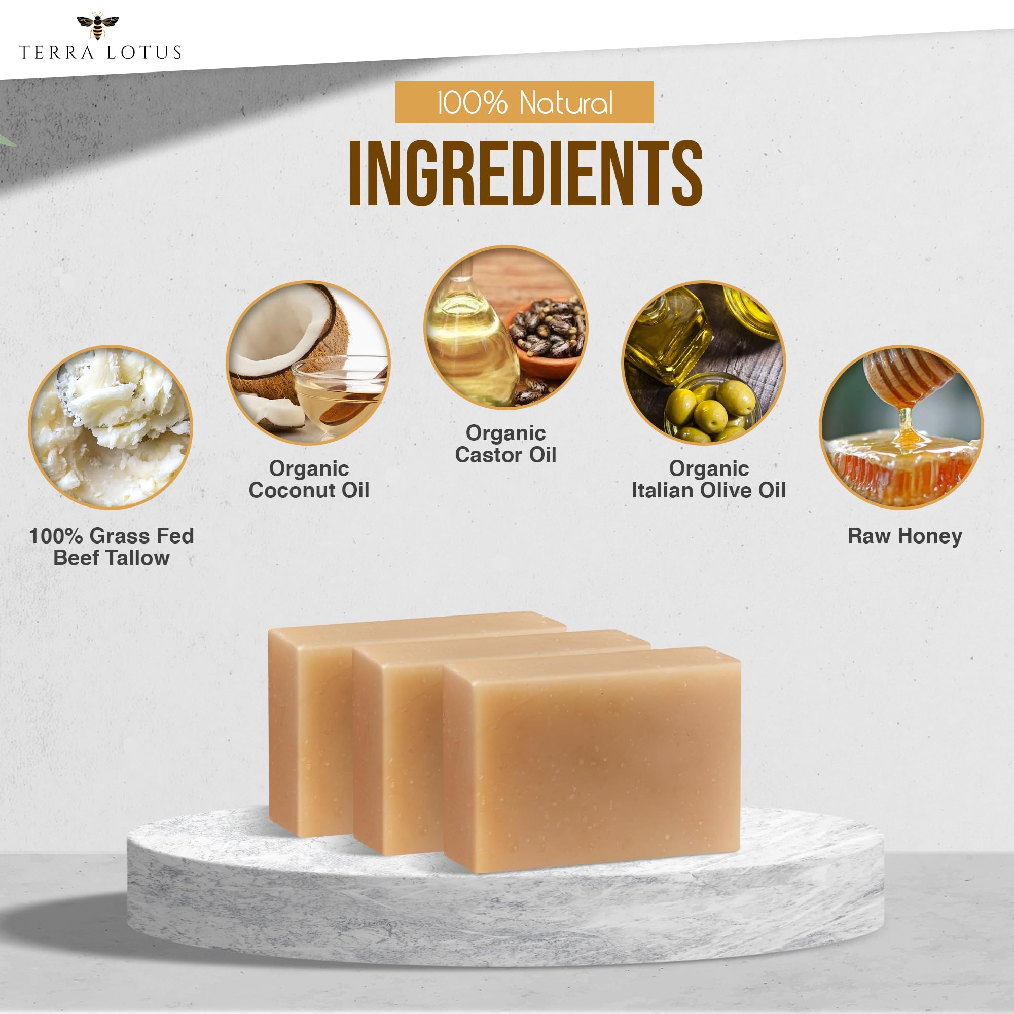 Terra Lotus Organic Tallow Soap with Honey & Castor Oil – 3 Pack Citrus