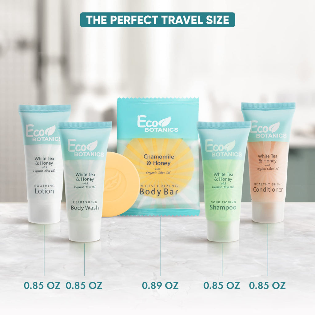 Terra Pure Travel Size Hotel Toiletry Set – 150 Count, White Tea Scent, Aloe & Olive Oil, Paraben Free