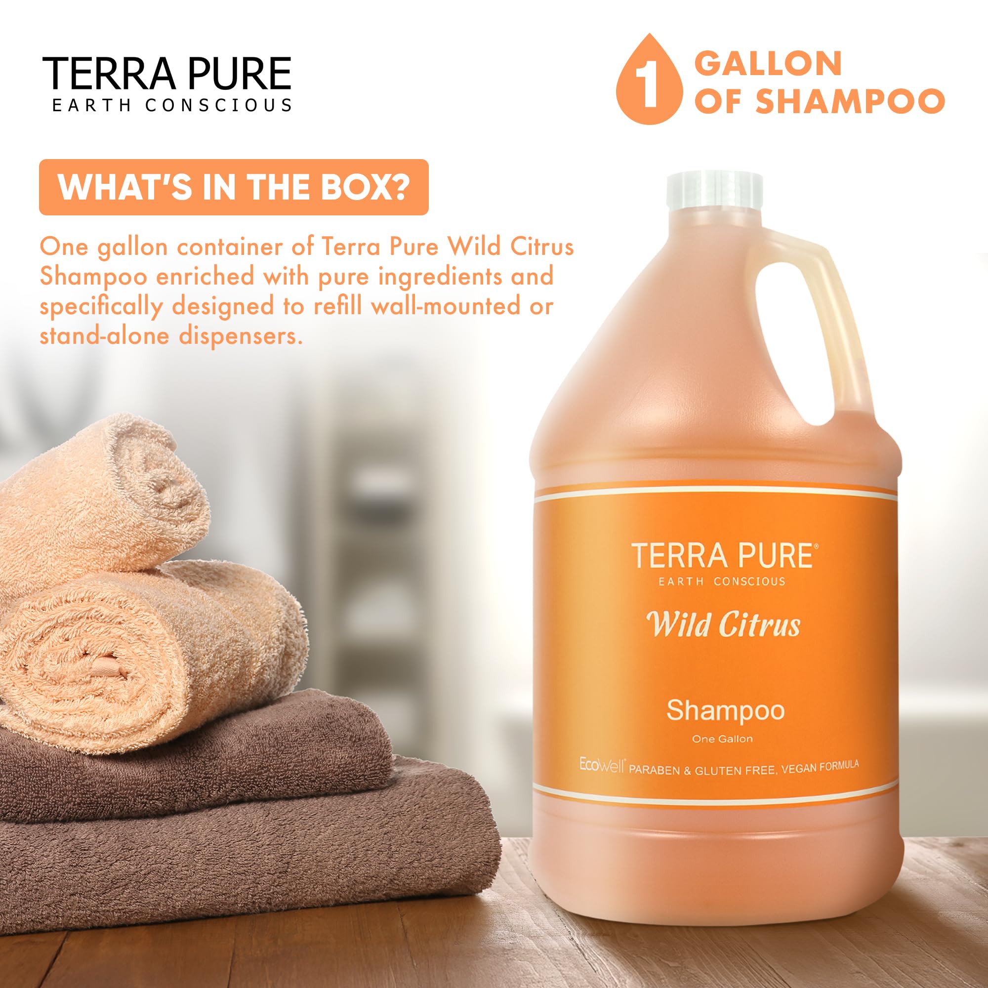 Terra Pure 1-Gallon Shampoo | Luxury Hotel Toiletry Bulk (128 oz) | Refill Dispensers