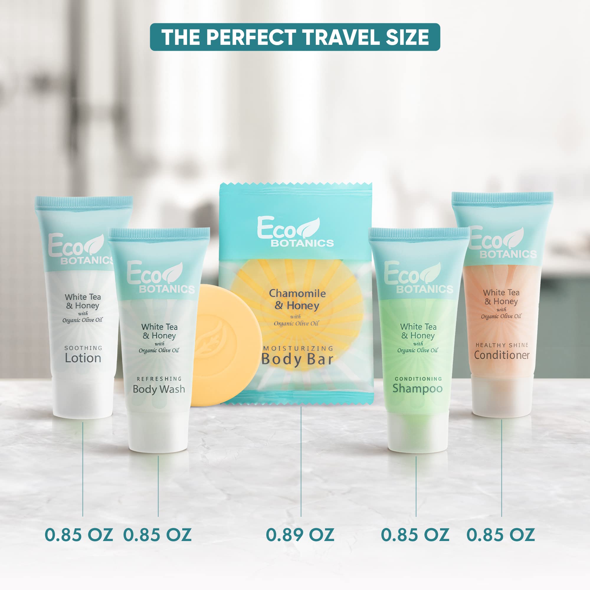 Terra Pure Travel Size Hotel Toiletry Set – 75 Count, 0.85 oz Bottles, White Tea, Aloe & Olive Oil