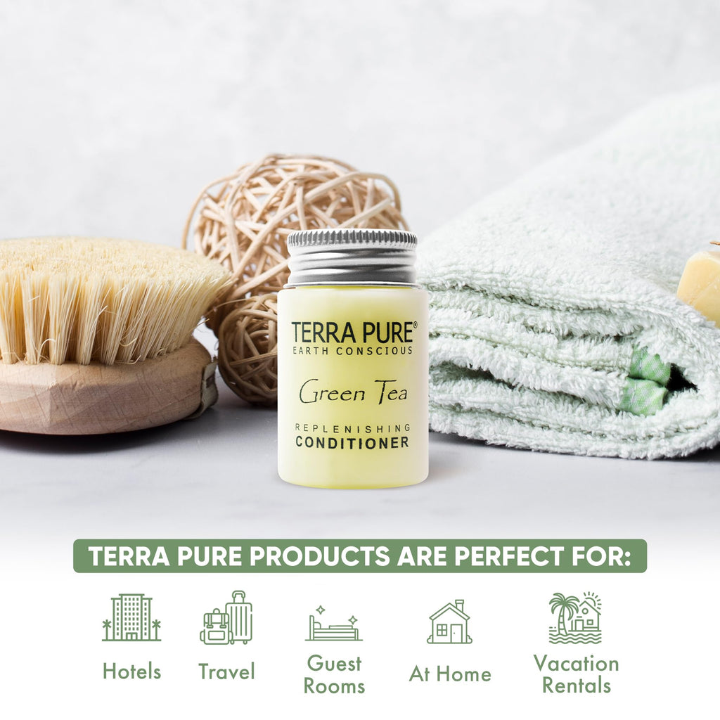 Terra Pure Travel Size Hotel Conditioner – 20 x 1 oz Bottles, Green Tea Scent, Aloe & Olive Oil