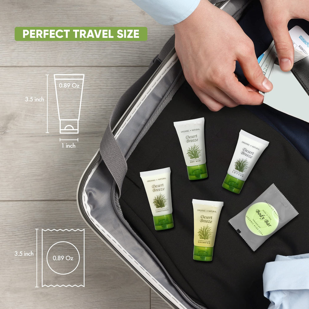 Terra Pure Desert Breeze Travel Size Hotel Toiletry Set – 150 Count, 1 oz Bottles, Aloe & Olive Oil, Paraben Free