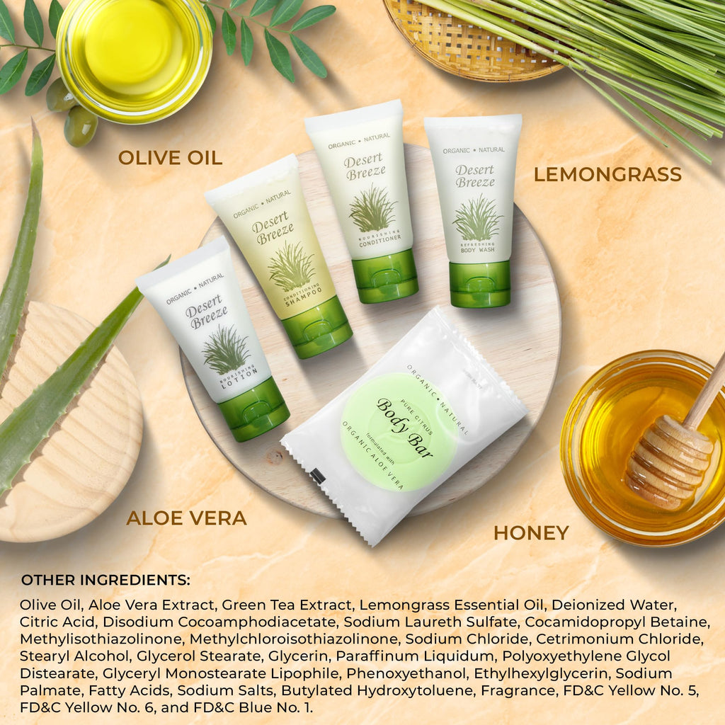Terra Pure Desert Breeze Travel Size Hotel Toiletry Set – 150 Count, 1 oz Bottles, Aloe & Olive Oil, Paraben Free