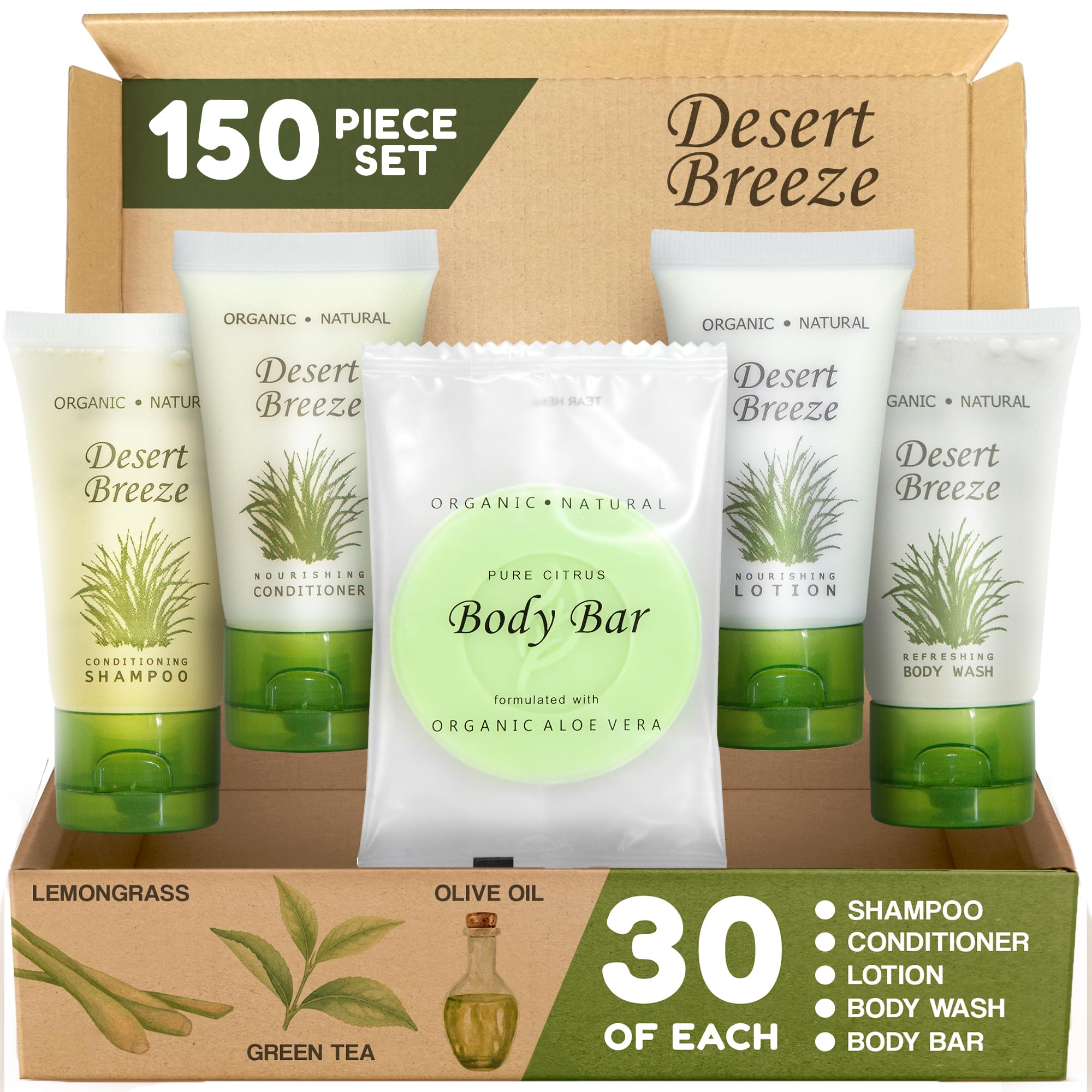 Terra Pure Desert Breeze Travel Size Hotel Toiletry Set – 150 Count, 1 oz Bottles, Aloe & Olive Oil, Paraben Free