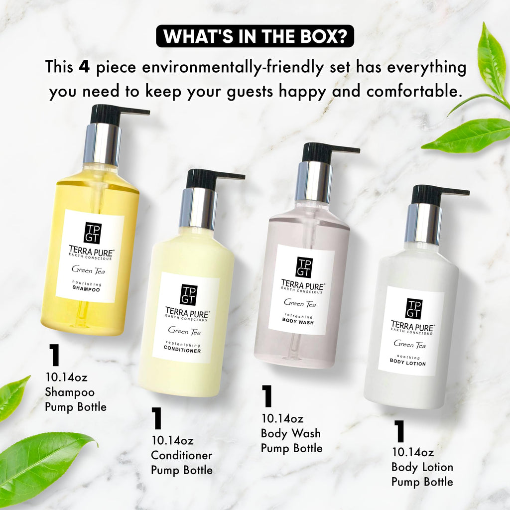 Terra Pure Ecobox Amenities Kit – Green Tea Soap, Shampoo, Conditioner, Body Lotion & Body Wash (10.14 oz) | Hotel Bulk