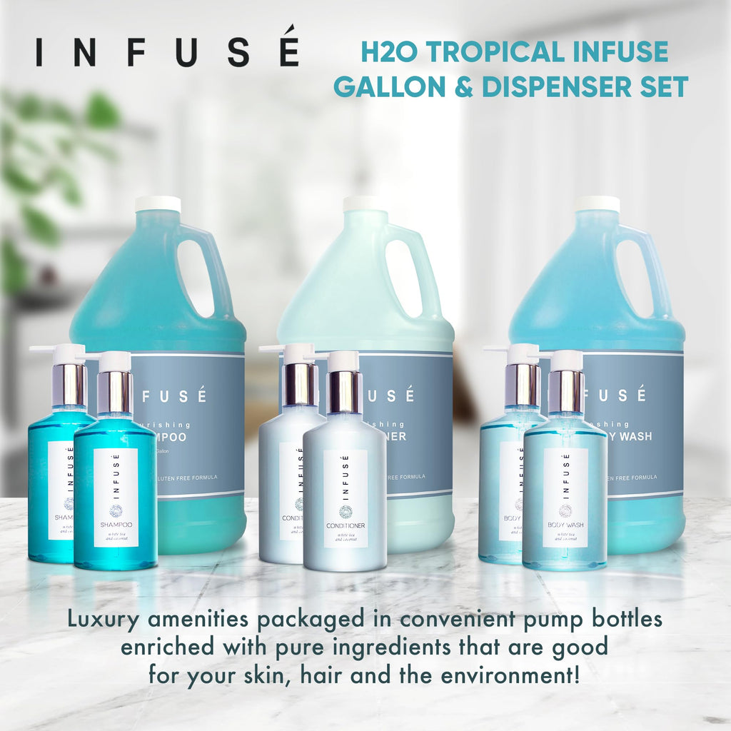 Terra Pure H2O Tropical Infuse Gallon Set & Dispenser — Hotel-Grade Shampoo, Conditioner & Body Wash
