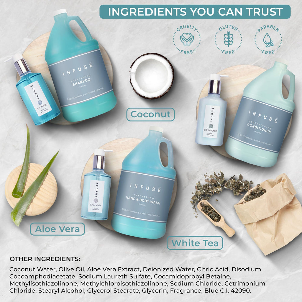 Terra Pure H2O Tropical Infuse Gallon Set & Dispenser — Hotel-Grade Shampoo, Conditioner & Body Wash